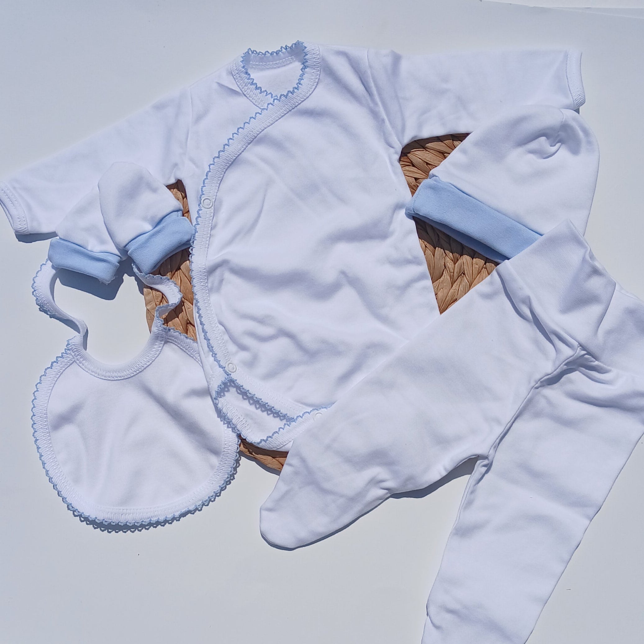 blue picot trim Baby clothing set bib hat mittens bottom onesie cotton set