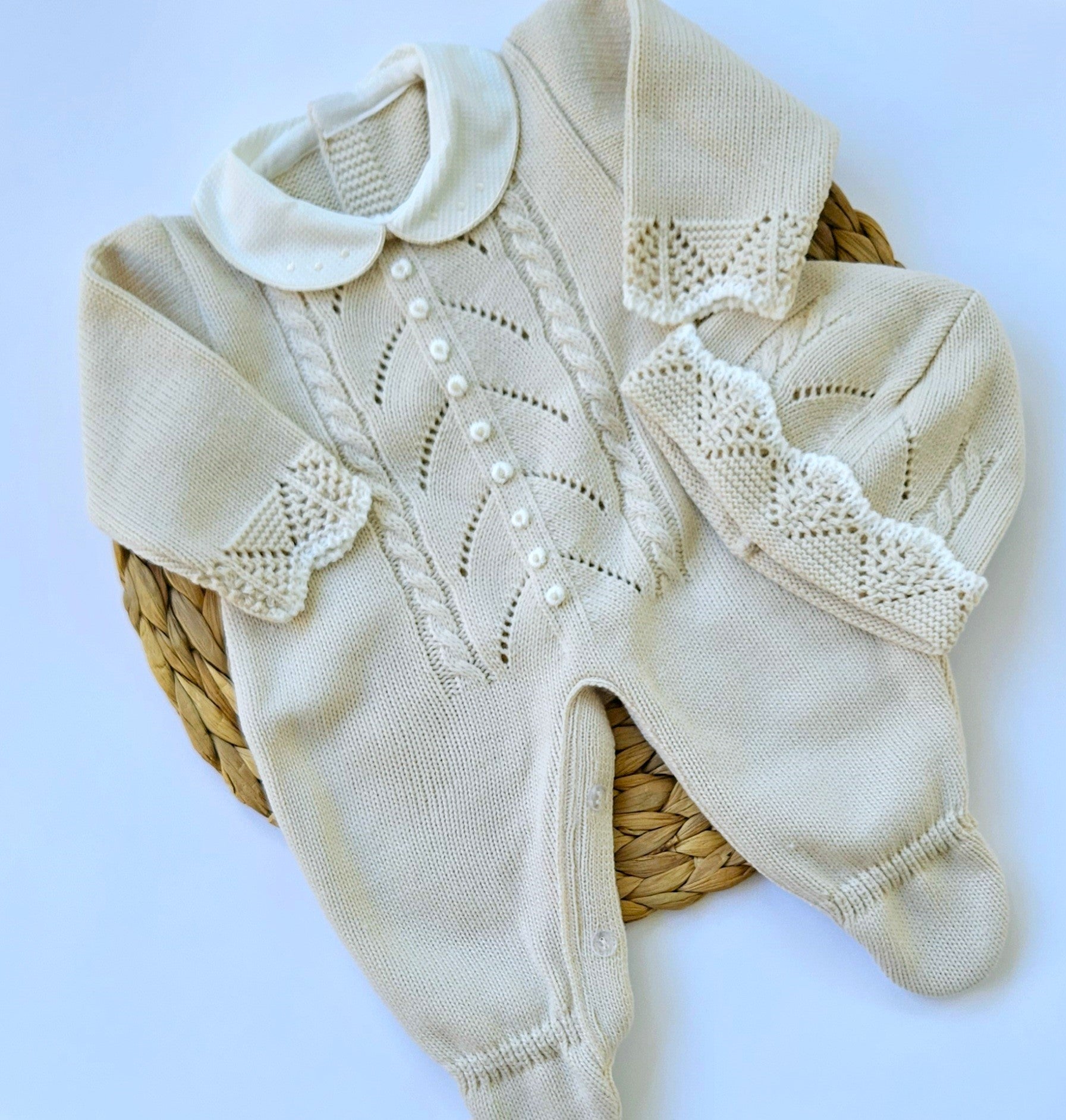 Spanish Knitted Romper- Beige & White