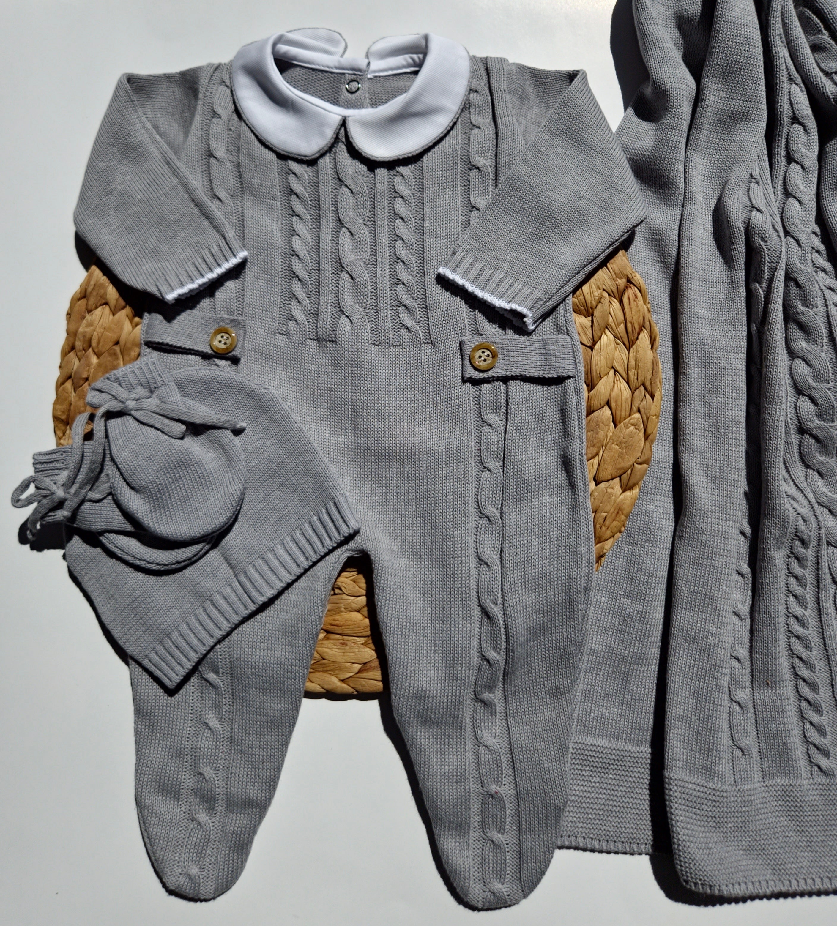 newborn knit outfit in gray Three pieces knitted light blue outfit is Perfect Newborn Going home outfit for introducing your baby to the world.