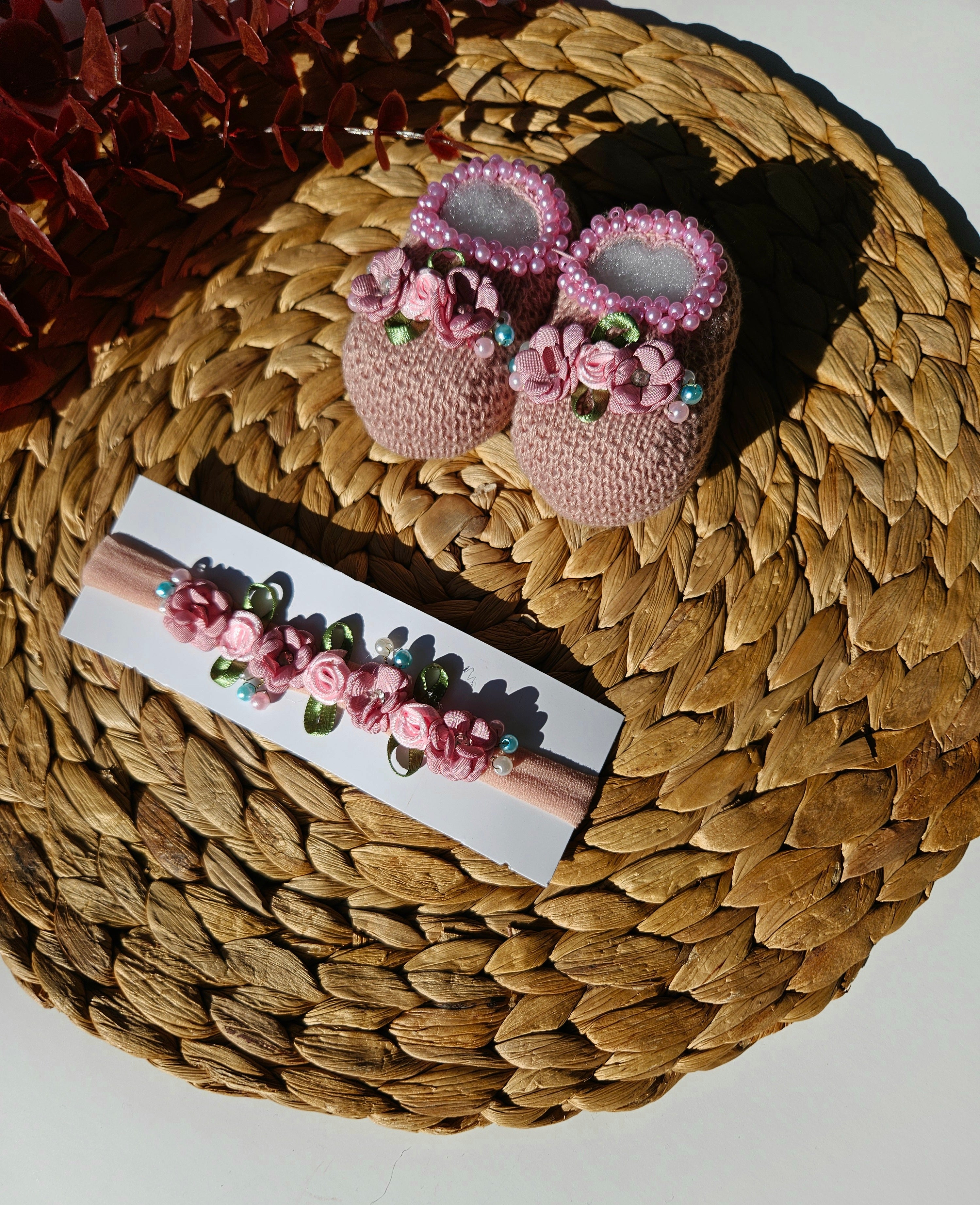Handmade Bootie & Headband Set - Old Rose