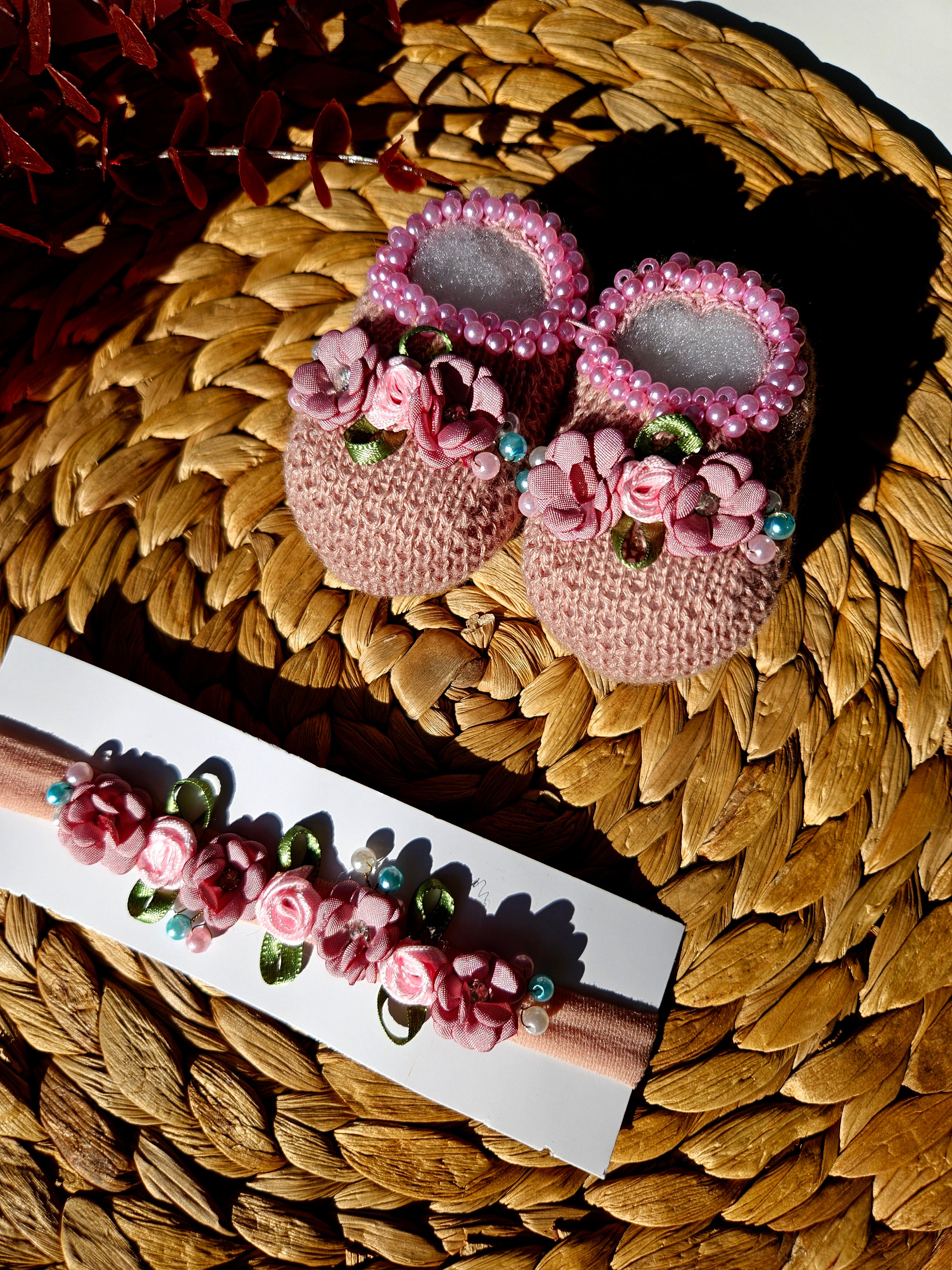 Handmade Bootie & Headband Set - Old Rose