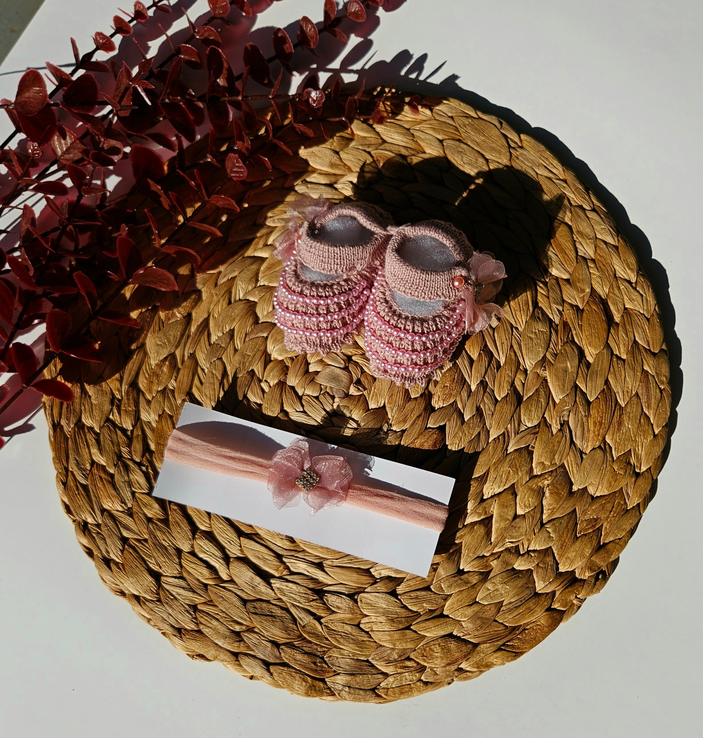 Handmade Bootie & Headband Pearl Set - Old Rose