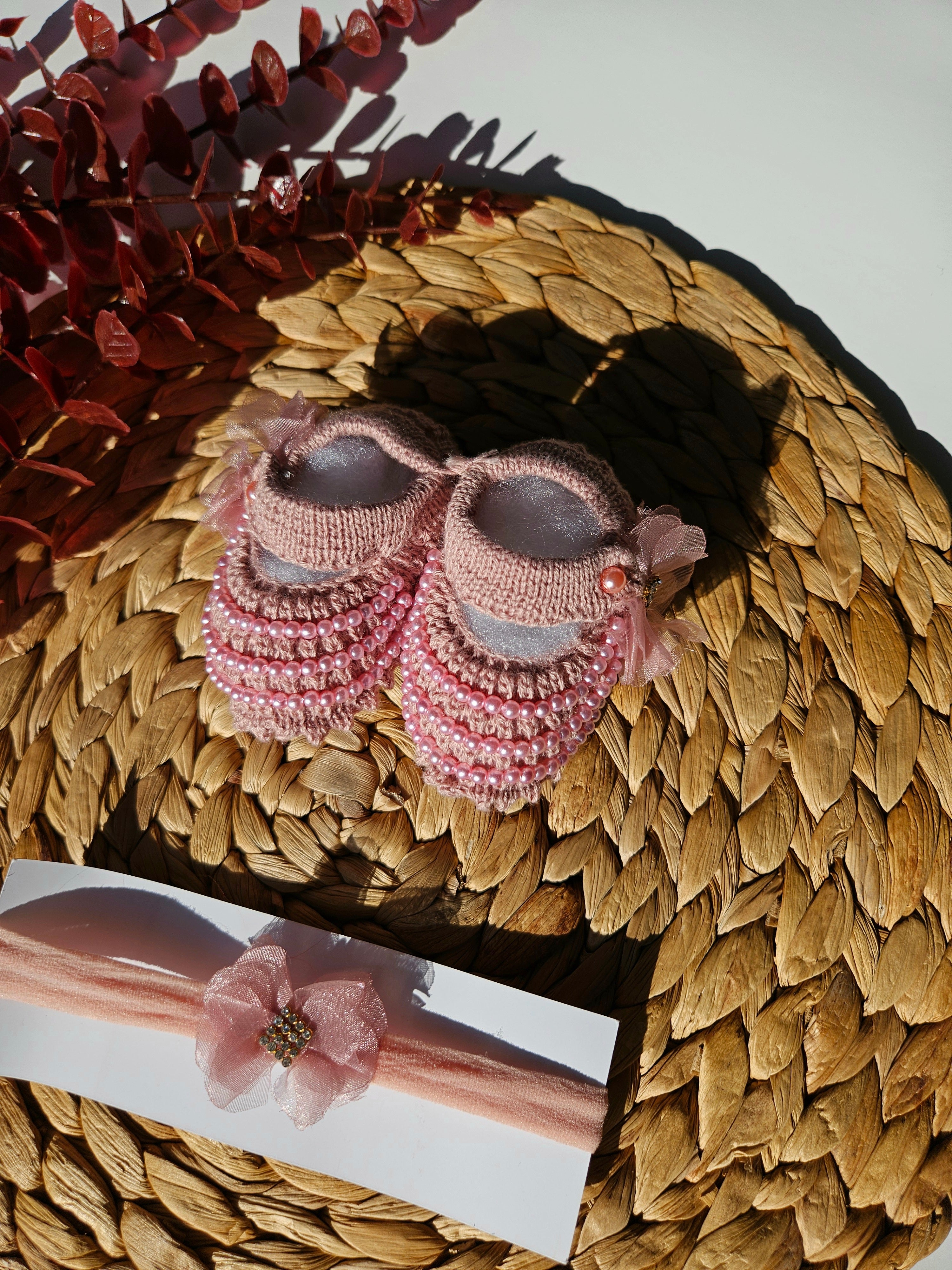 Handmade Bootie & Headband Pearl Set - Old Rose