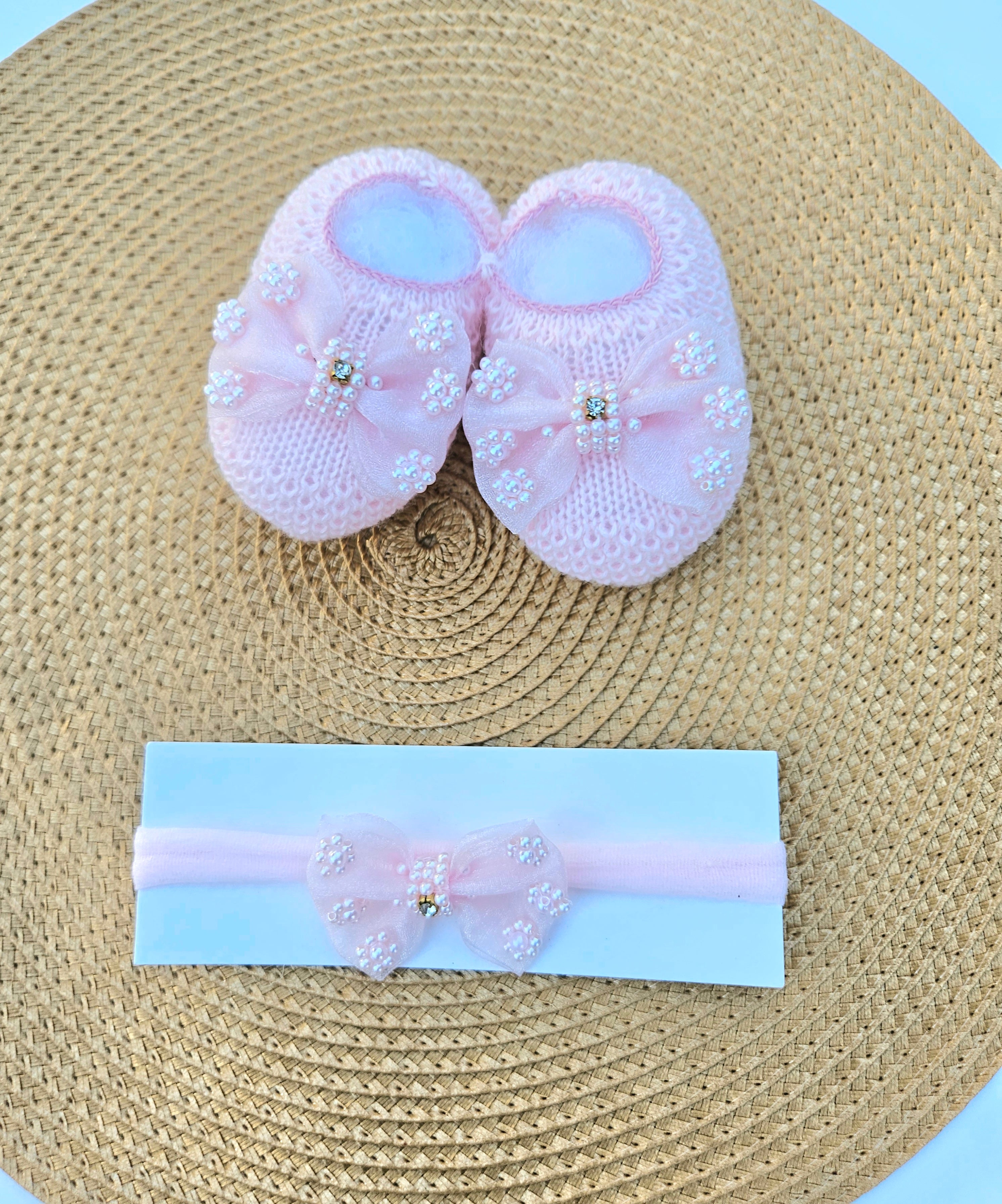 Handmade Pearl Bootie & Headband Set - Pink