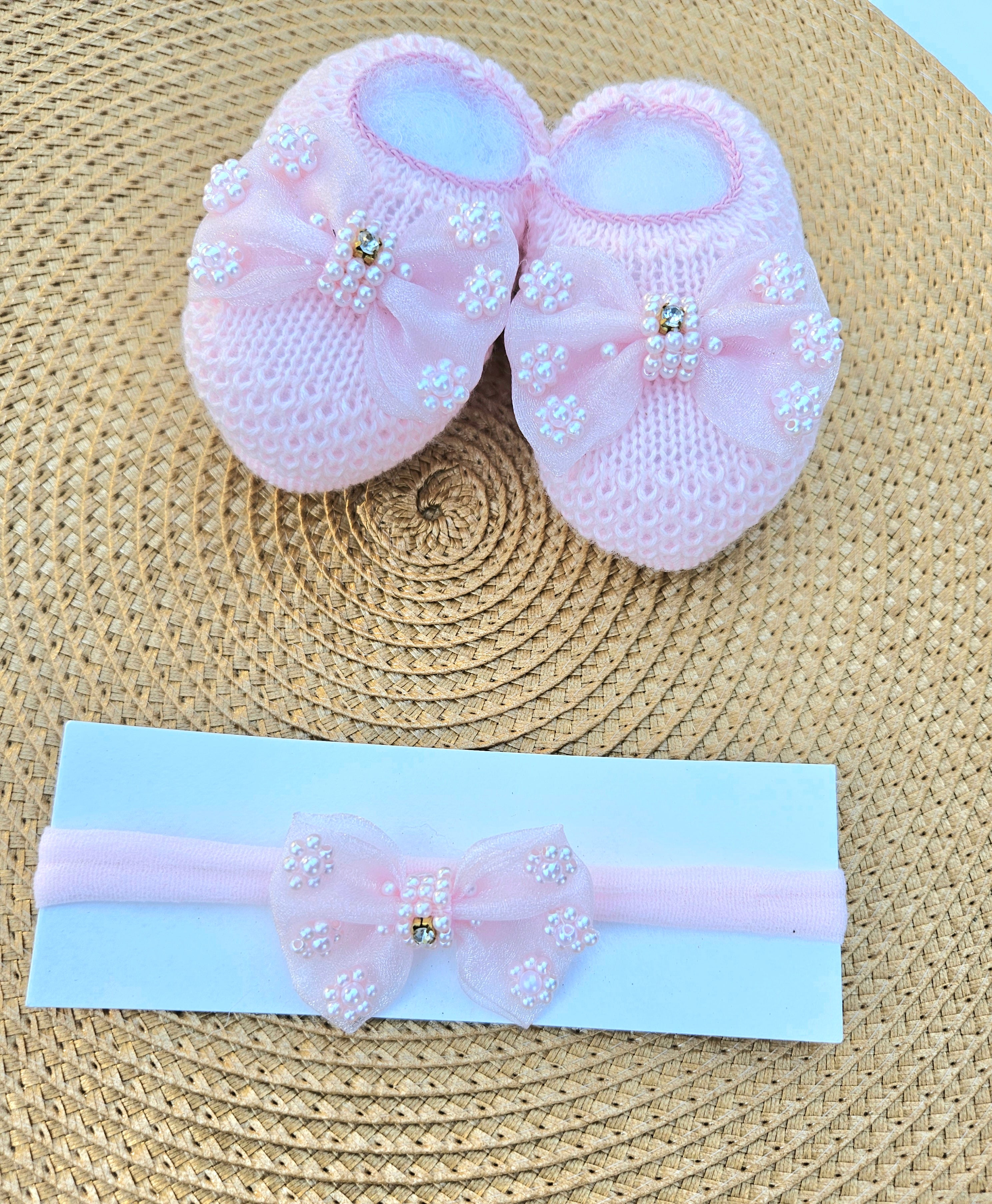 Handmade Pearl Bootie & Headband Set - Pink