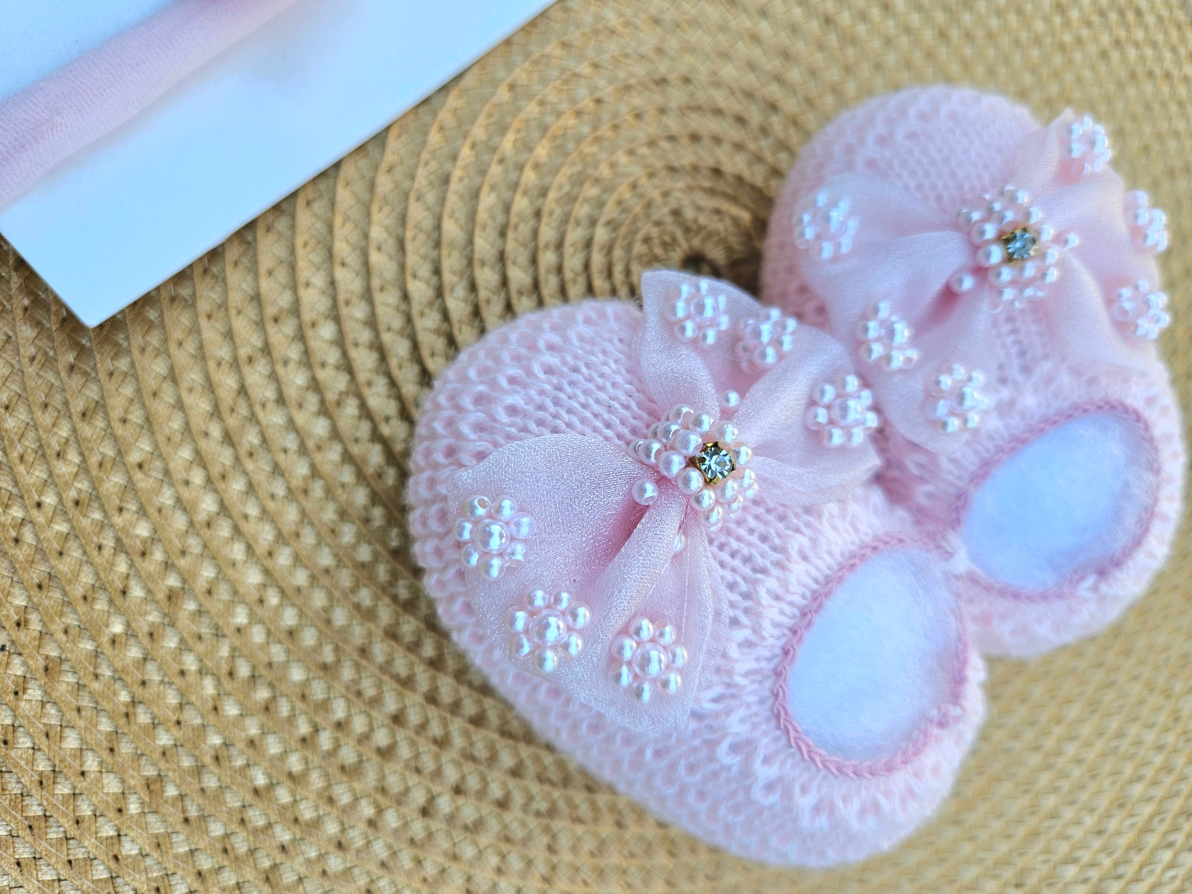 Handmade Pearl Bootie & Headband Set - Pink