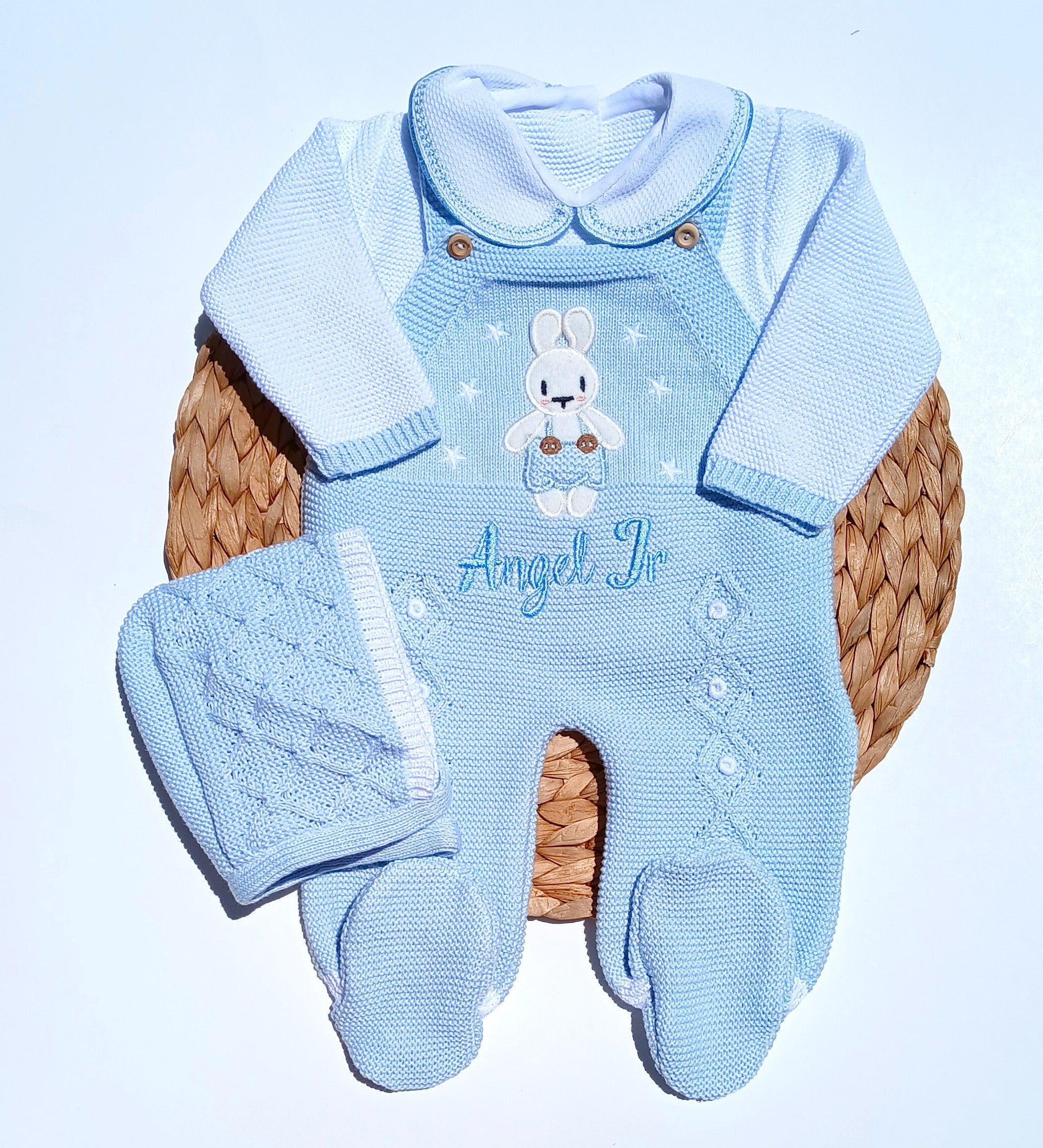 bunny newborn going home outfit, newborn boy take me home outfit, baby boy knit outfit, baby knit coming home set, classic baby clothing, traditional baby clothing. with baby's name embroidery on the outfit