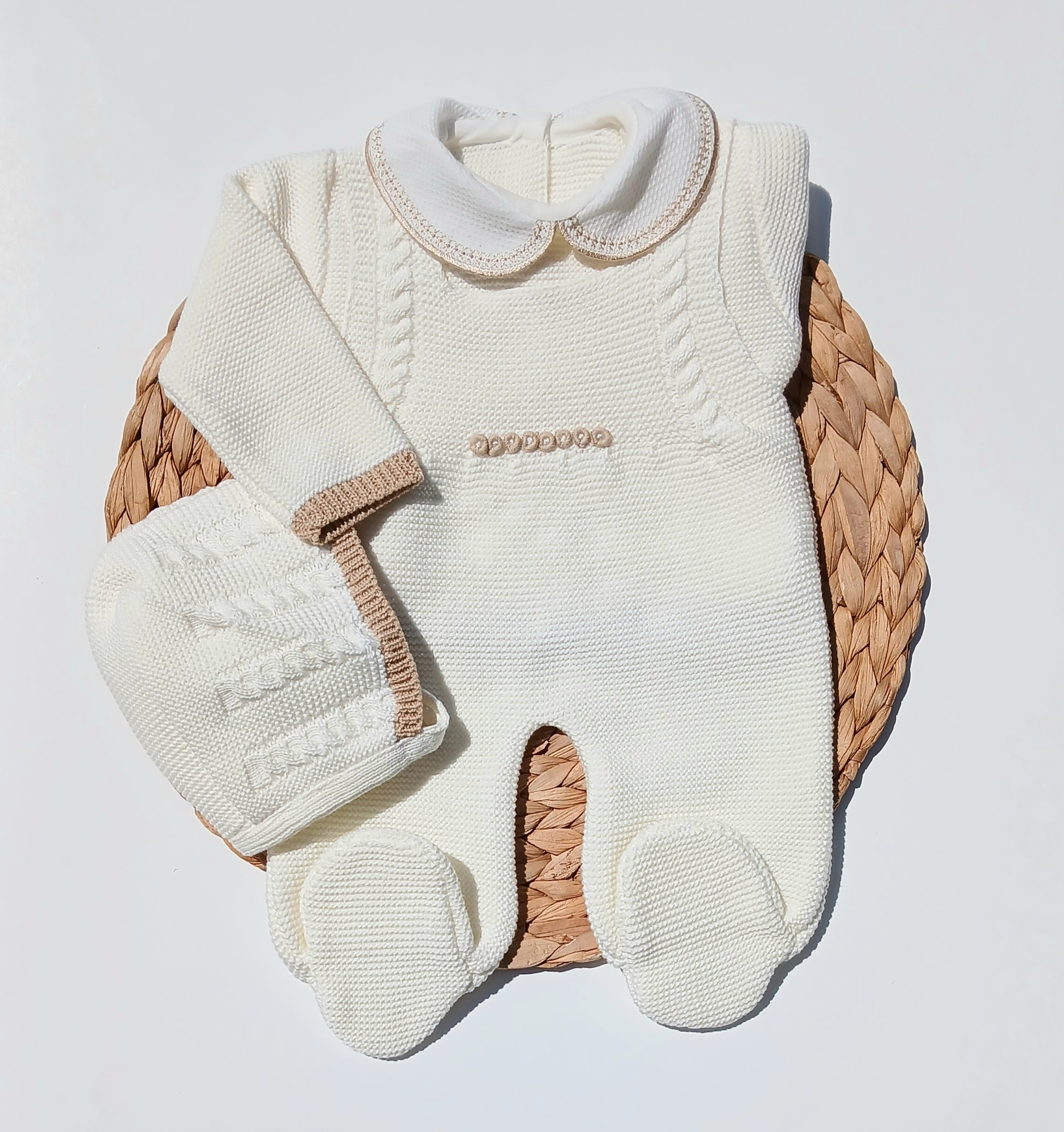 optional neutral baby knit going home outfit Baby outfit with Ivory and brown patterned romper and hat on , newborn boy knit outfit to coming home from hospital.