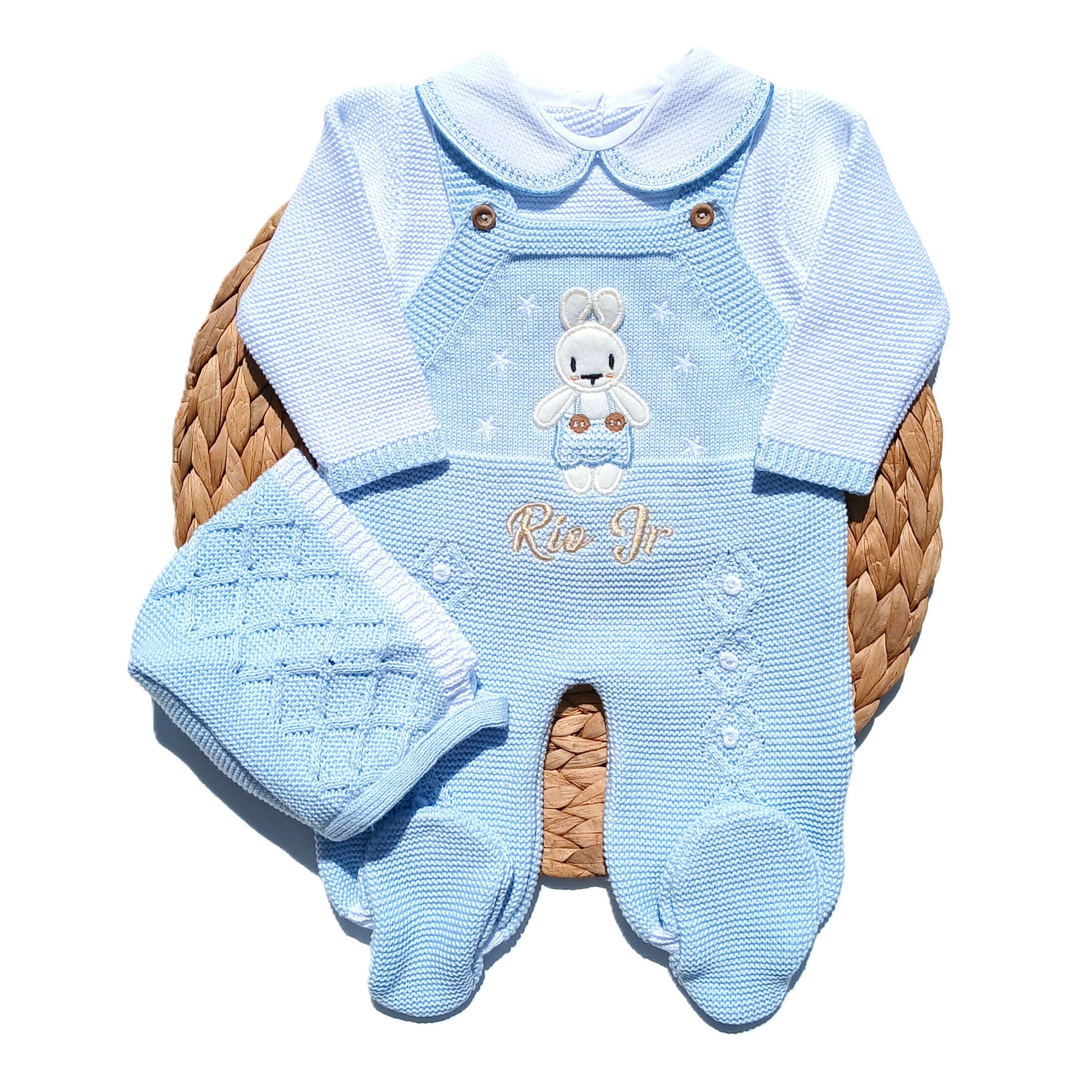 bunny newborn going home outfit, newborn boy take me home outfit, baby boy knit outfit, baby knit coming home set, classic baby clothing, traditional baby clothing. with baby's name embroidery on the outfit