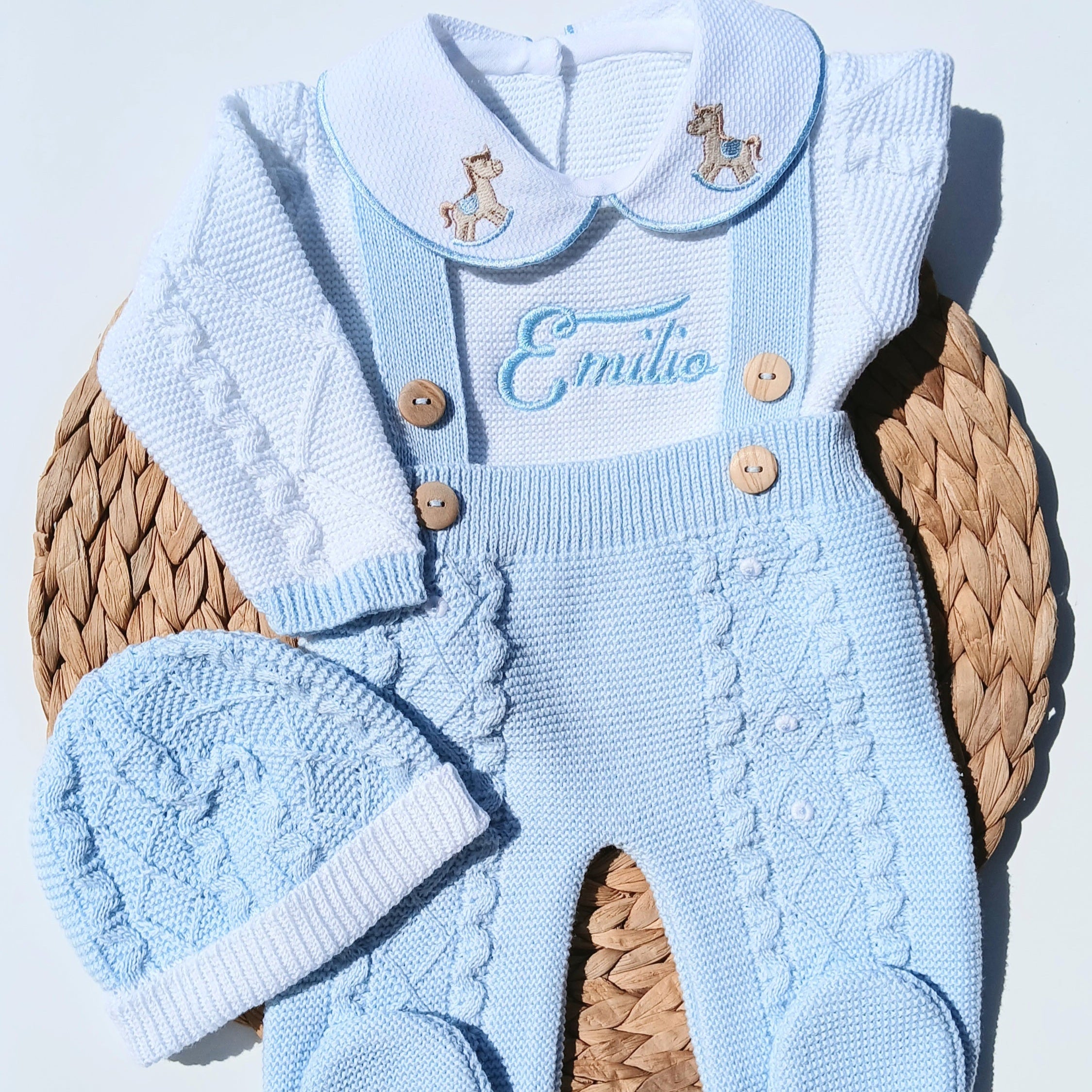 horse details Knitted baby outfit with overalls, shirt, and hat