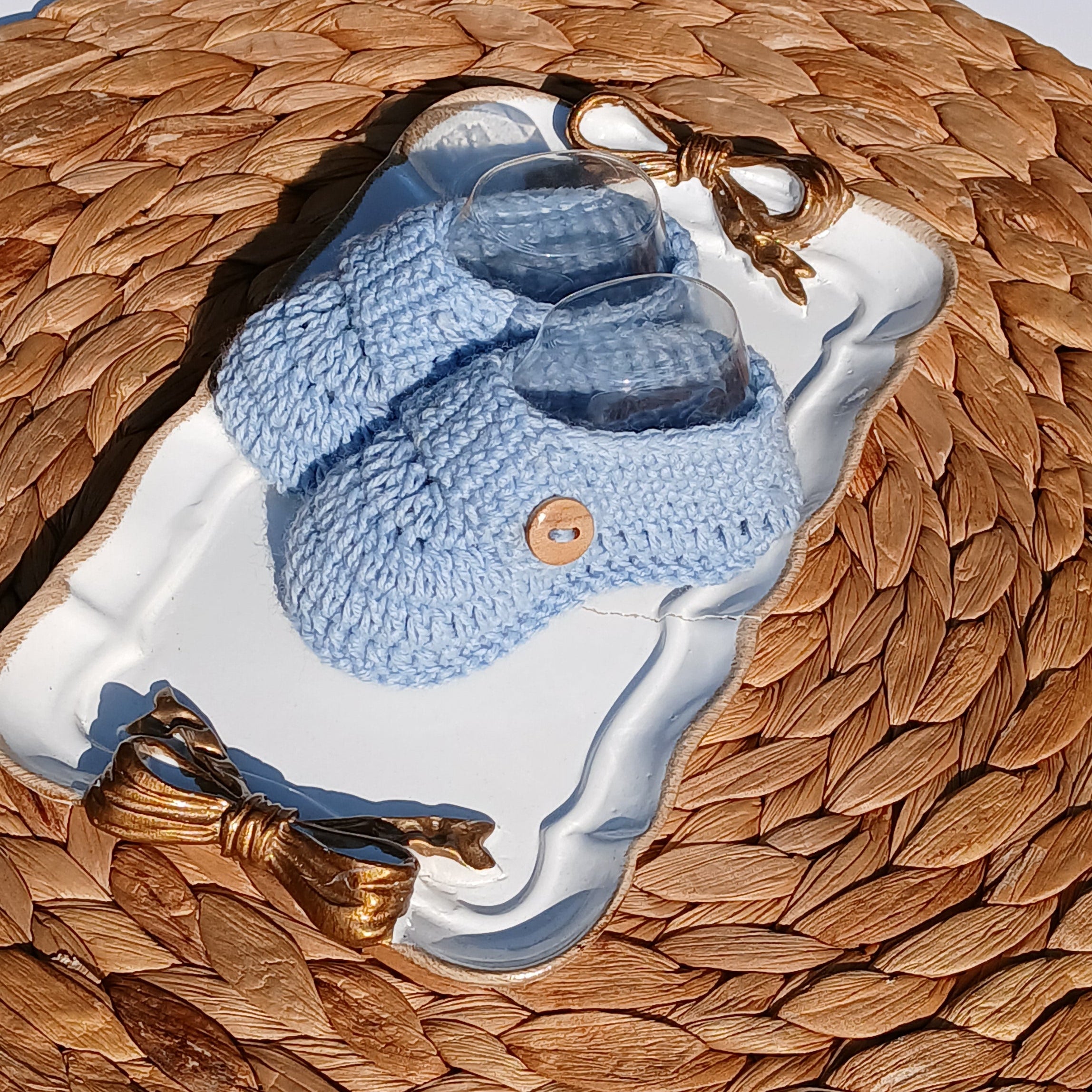 baby cotton handmade booties knitted in blue Baby hat, booties, and socks on a Mittens, knit set