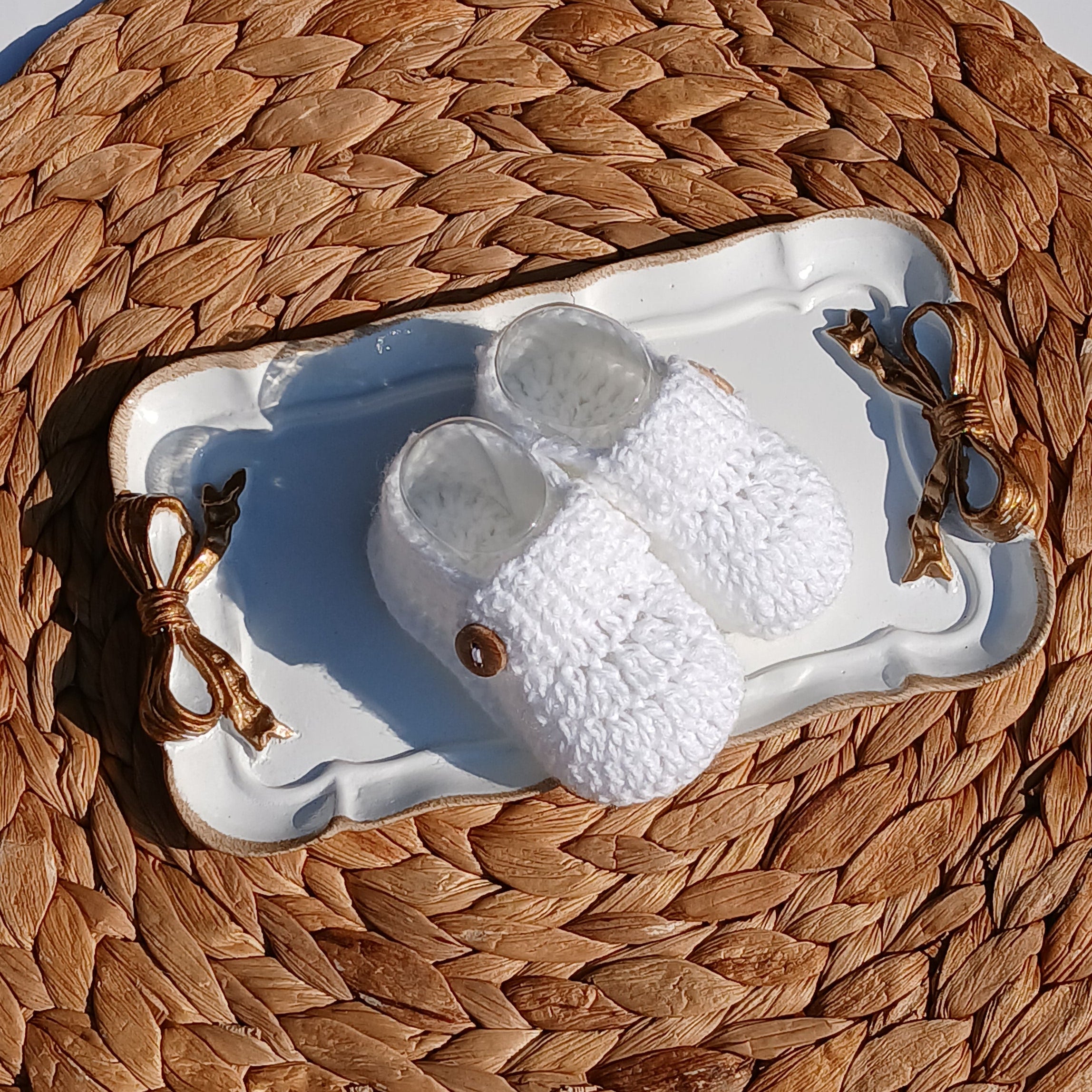 white baby cotton handmade booties knitted in blue Baby hat, booties, and socks on a Mittens, knit set