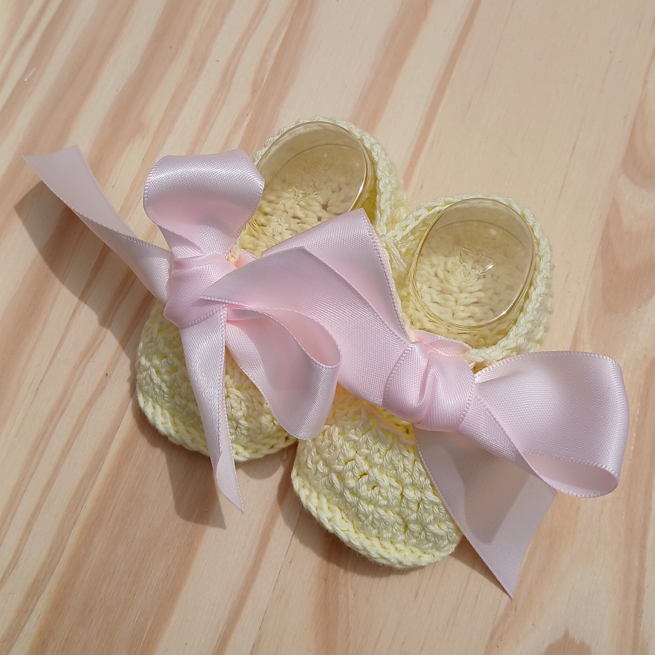 baby Bootie crochet yellow with satin bow Gold decorative items