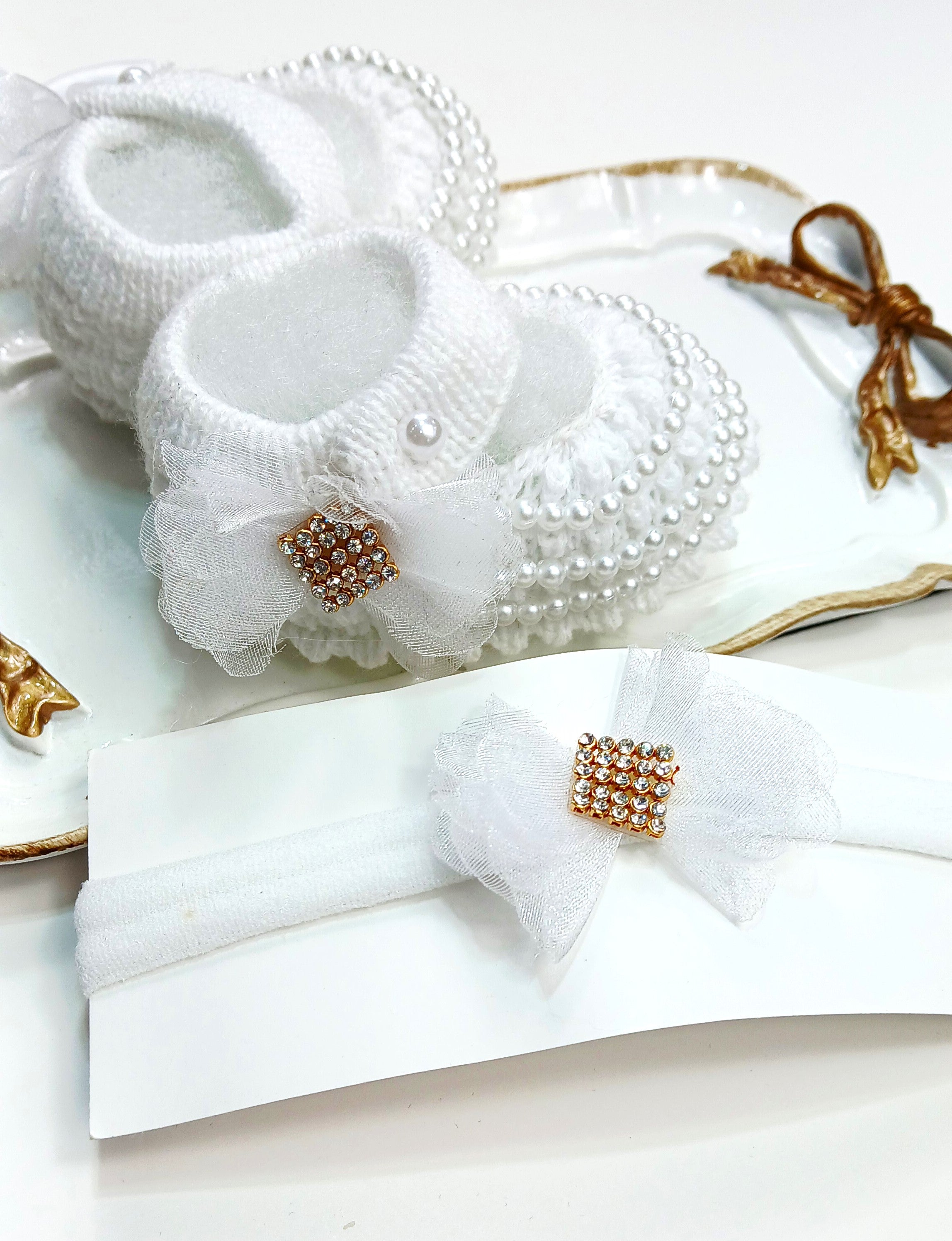 Handmade Bootie and Headband Pearl Set - White