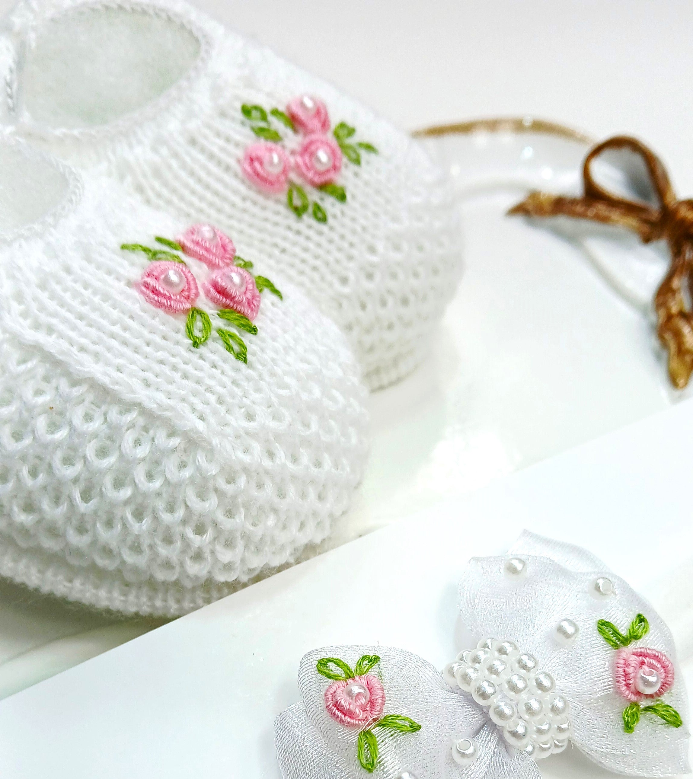 Handmade Bootie and Headband Pink Flowers Set - White