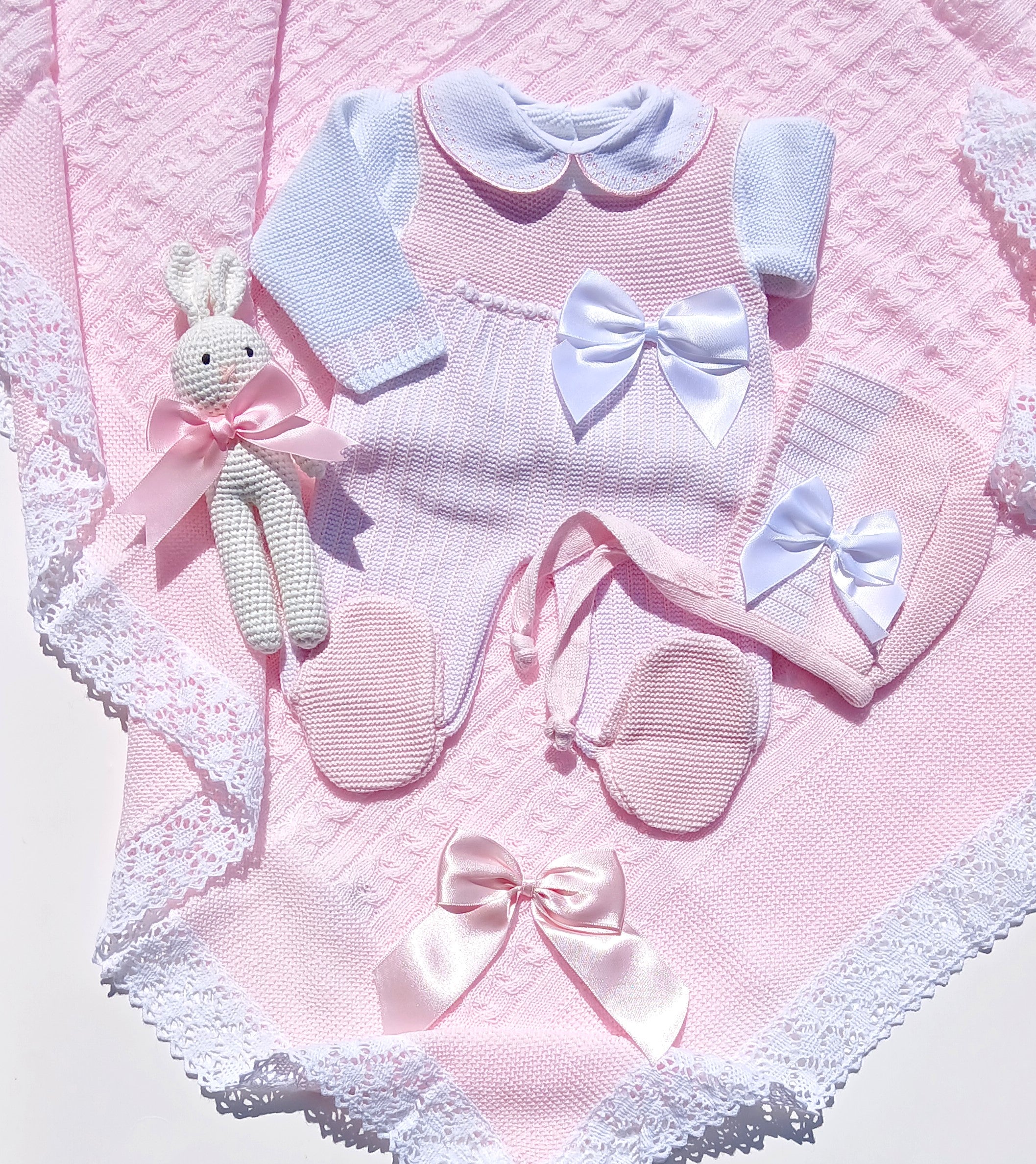 Tenue tricotée Romana - Rose et blanc