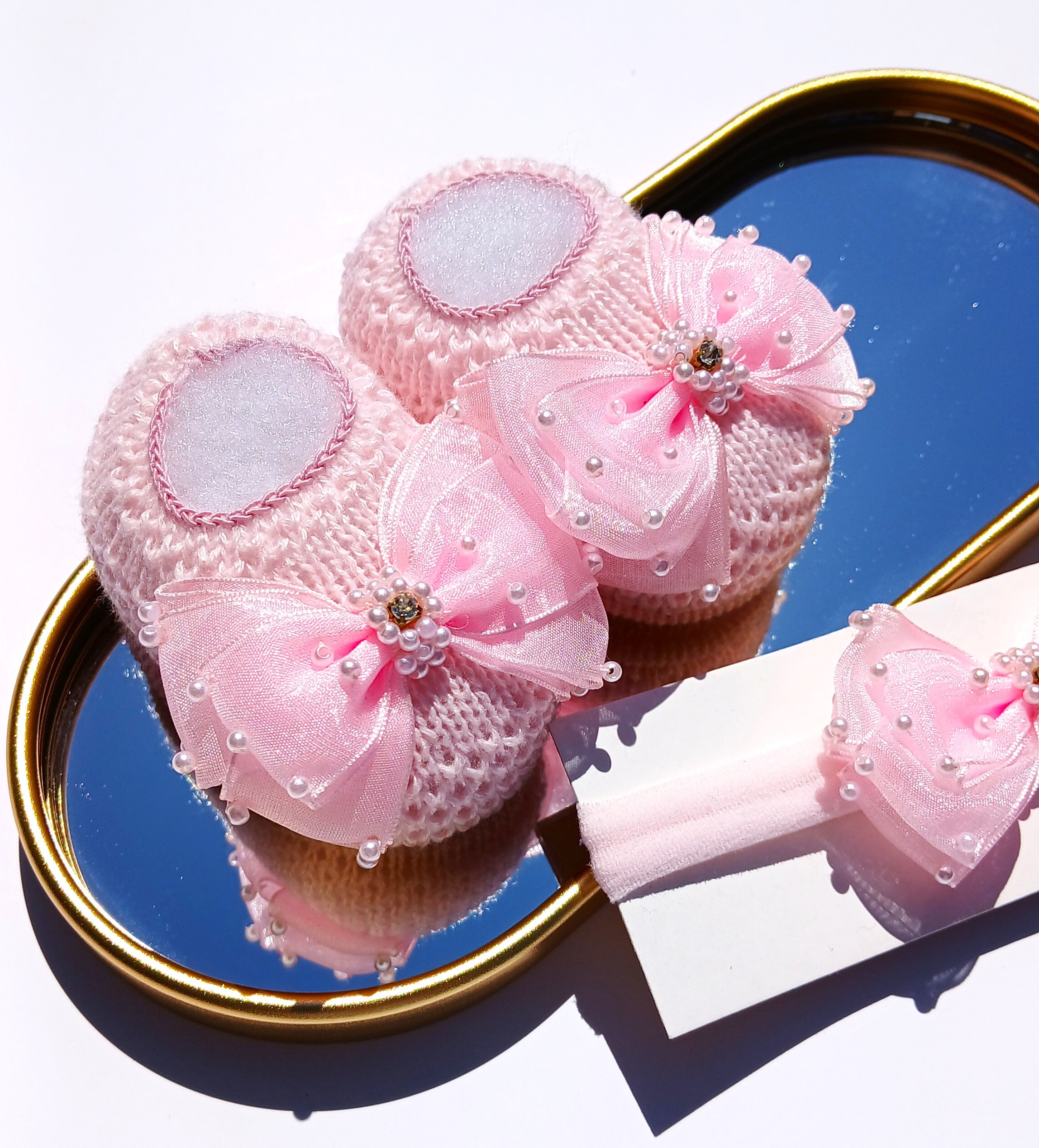 Handmade Booties and Headband Bow - Pink