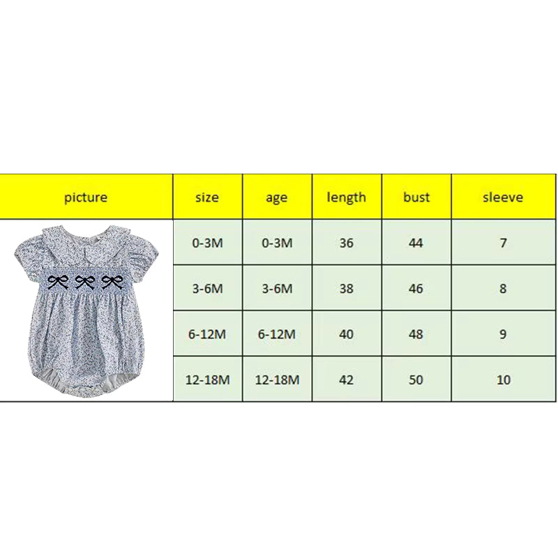 Baby romper with size chart on a white background