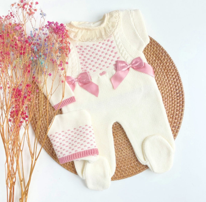 Peto de dos encajes de punto jacquard - Rosa y blanco