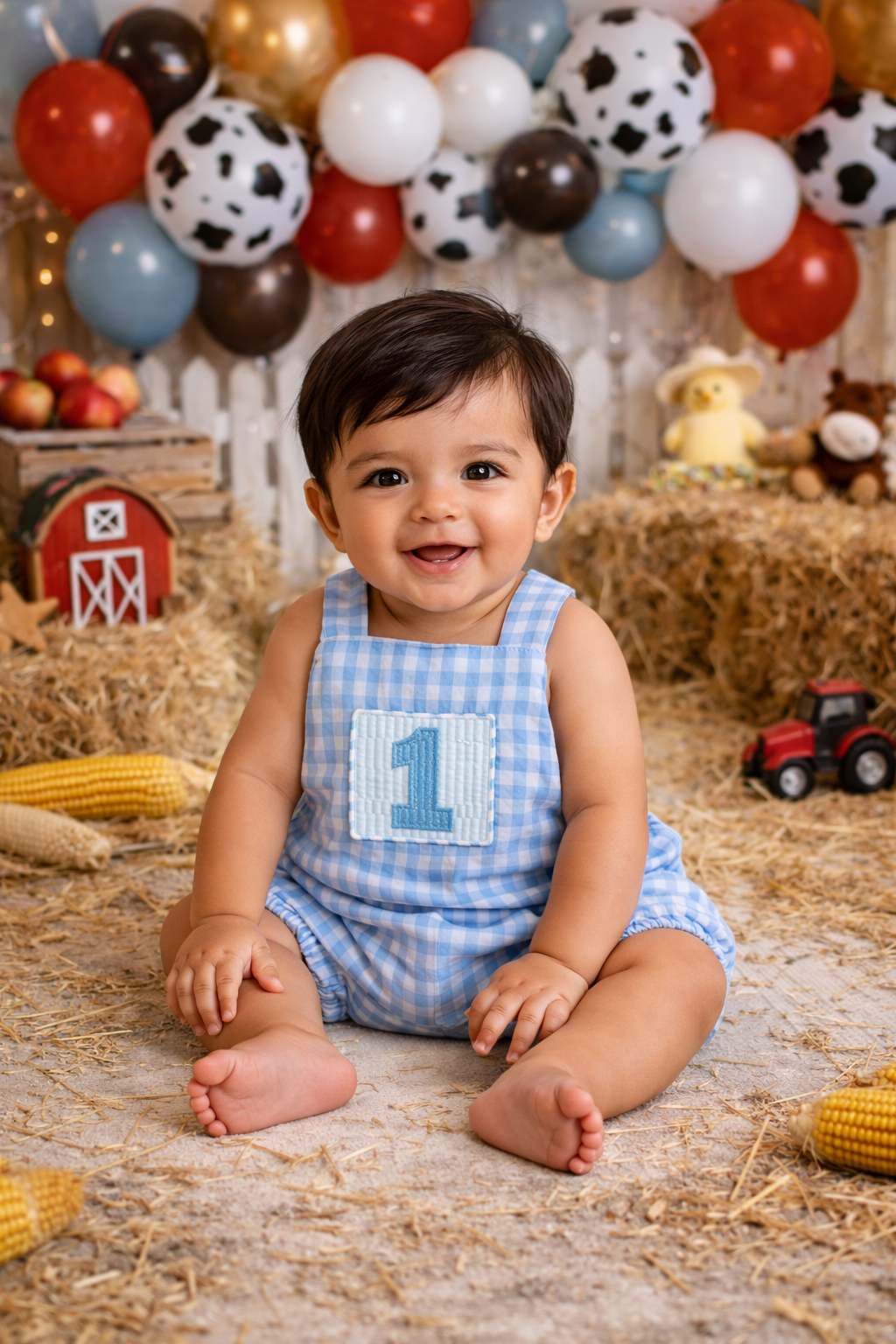 Baby in a blue checkered outfit with number 1 on a farm-themed set with balloons and toys.