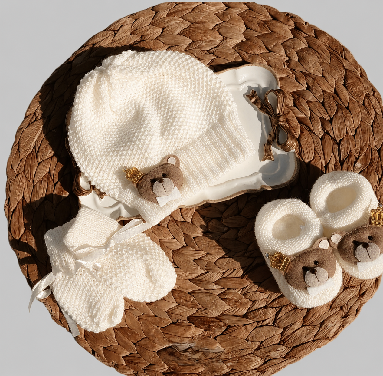 Crowned Bear Hat, Mittens and Booties Set - 3 Colors