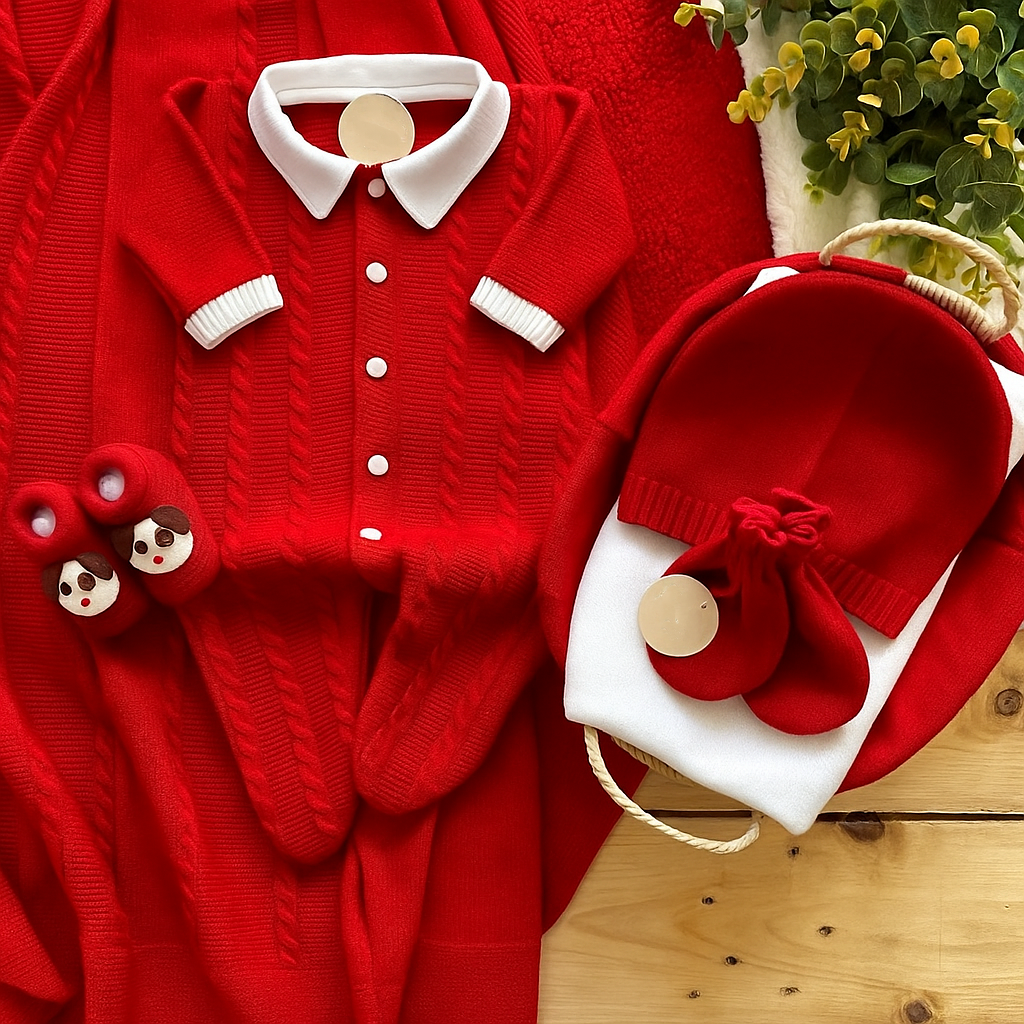 Red knitted cardigan with white buttons on a light purple background, Celebrate the season in style with this charming boys Christmas outfit