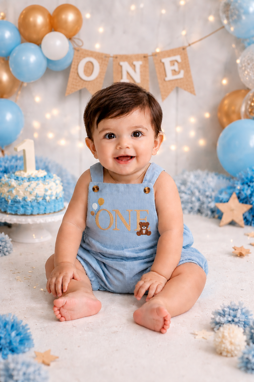 Child in a blue 'ONE' outfit sitting in front of balloons and a 'ONE' banner.