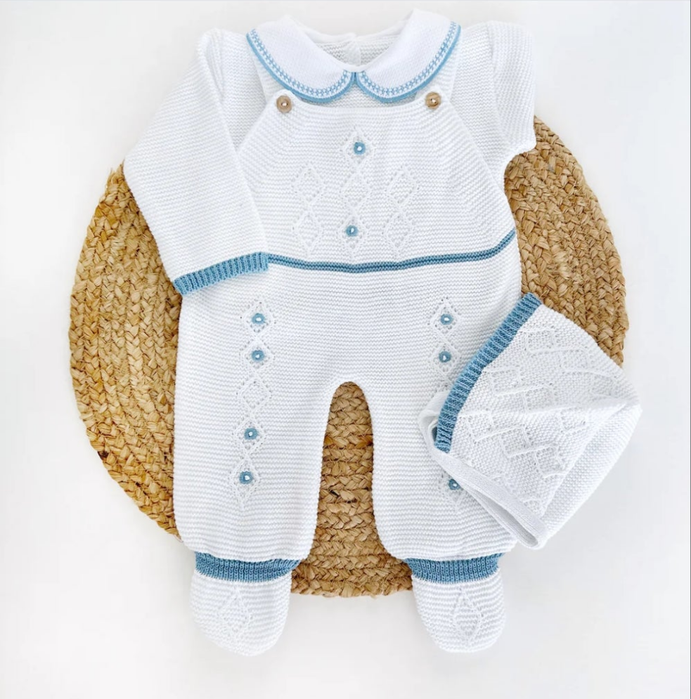 Mono de punto con diseño de panal de abeja: blanco y azul cobalto