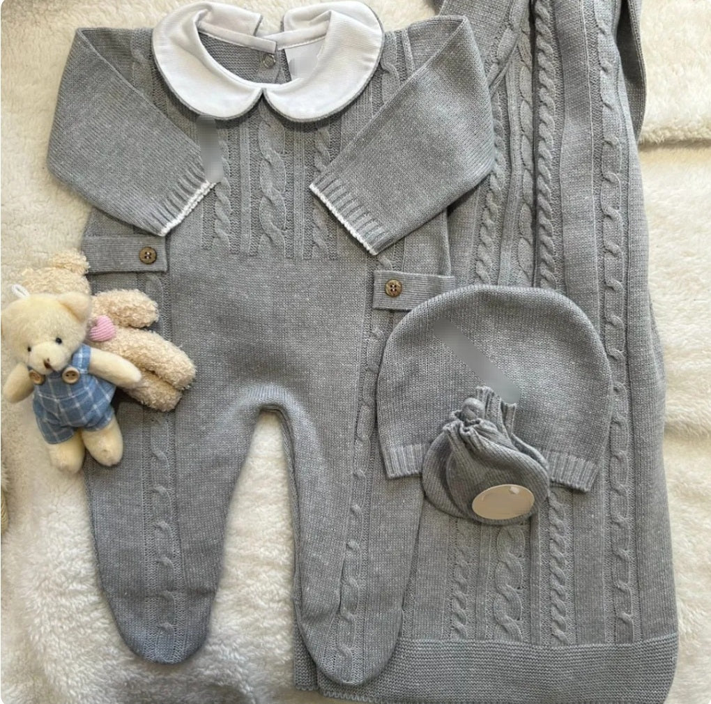 newborn knit outfit in gray Three pieces knitted light blue outfit is Perfect Newborn Going home outfit for introducing your baby to the world.