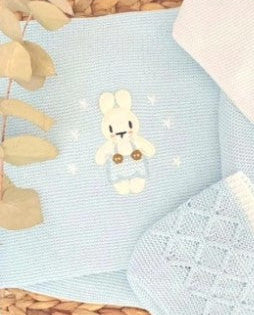 Blue baby romper with white collar and bunny design on a woven surface