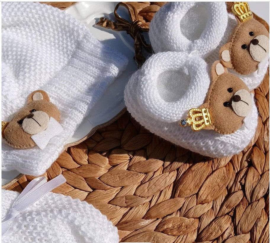 Crowned Bear Hat, Mittens and Booties Set - 3 Colors
