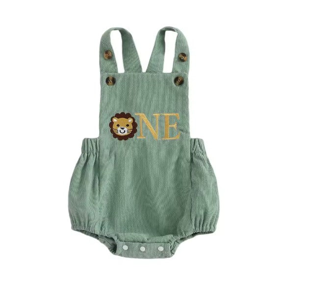 Green striped baby romper with lion design and 'ONE' embroidery on it
