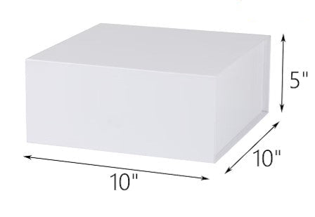 A white rectangular box shown with dimension arrows and labels indicating 10 inches by 10 inches by 5 inches on a white background.