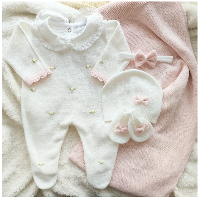 Handmade Baby knit Romper with Flower - Main Image