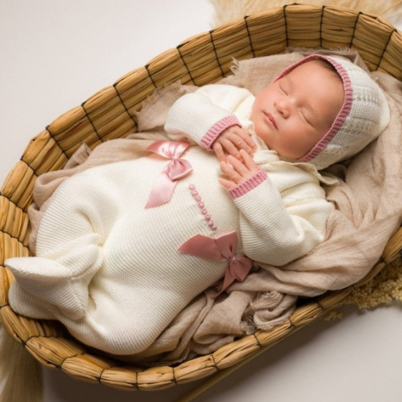 Newborn baby in a white outfit with pink accents in a wooden basket. , newborn knit going home outfit, newborn baby girl coming home knit outfit
