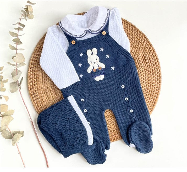 bunny newborn going home outfit in Navy, newborn boy take me home outfit, baby boy knit outfit, baby knit coming home set, classic baby clothing, traditional baby clothing. for newborn coming home from hospital. Add baby's name on the outfit, personalized baby clothing