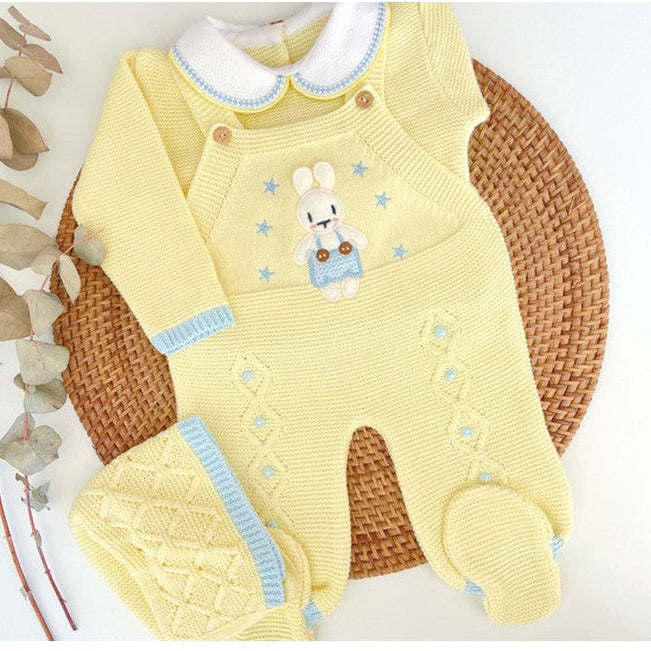 bunny newborn going home outfit in yellow , newborn boy take me home outfit, baby boy knit outfit, baby knit coming home set, classic baby clothing, traditional baby clothing. for newborn coming home from hospital. Add baby's name on the outfit, personalized baby clothing