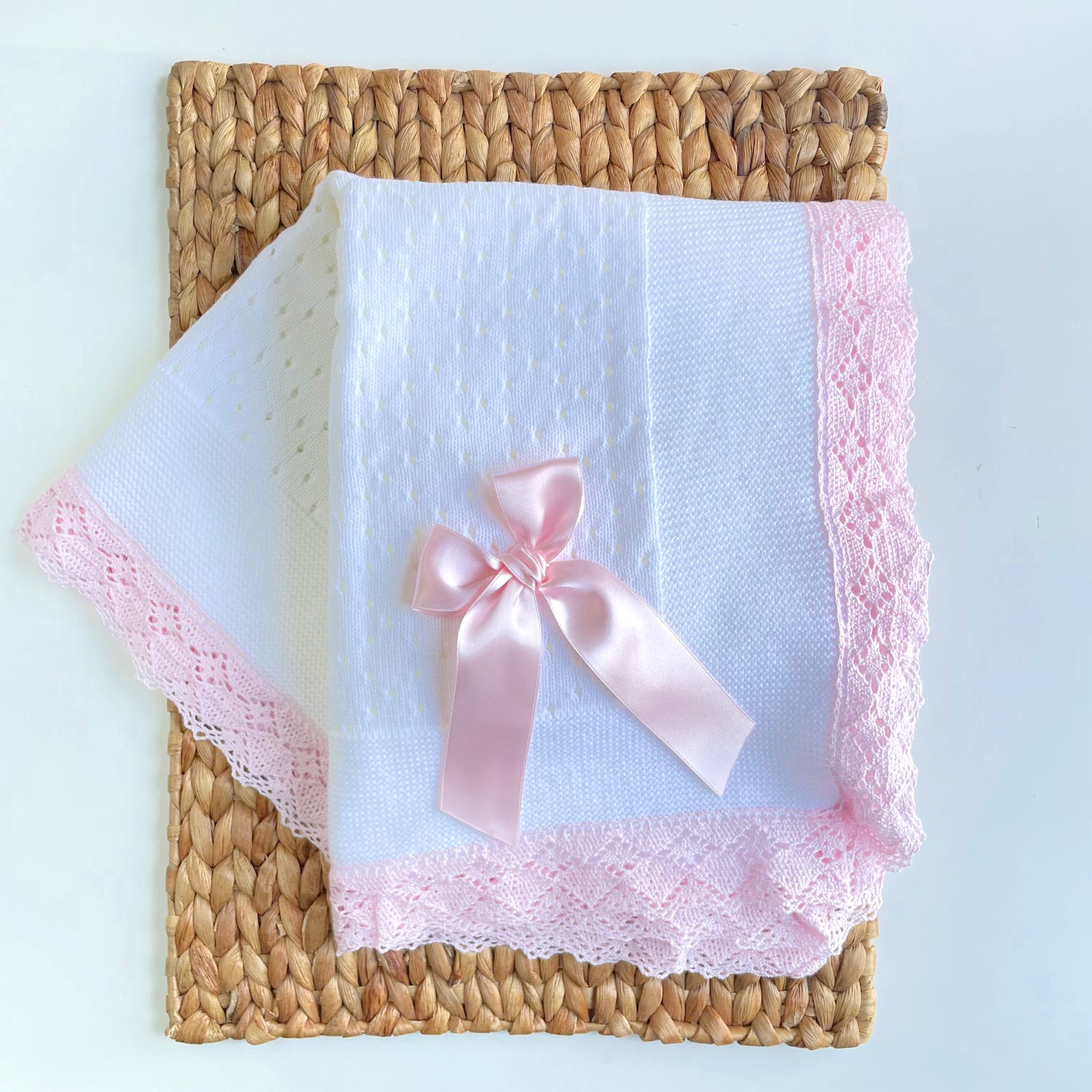 Bella Lace knitted baby blanket - White & Pink