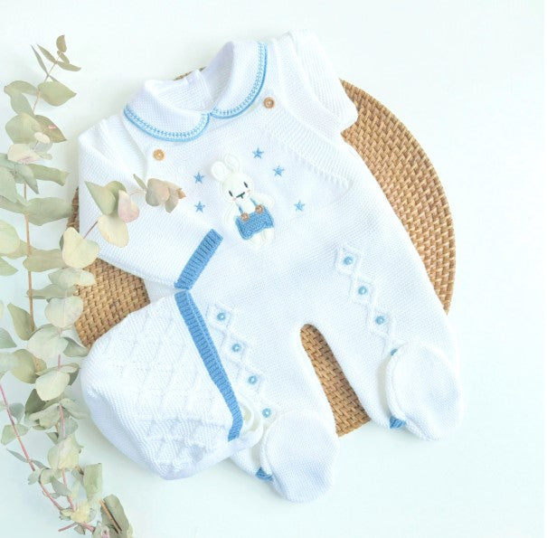 baby boy knitted taking home outfit, newborn knit going home outfit bunny embroidery coming home outfit, baby spanish outfit
