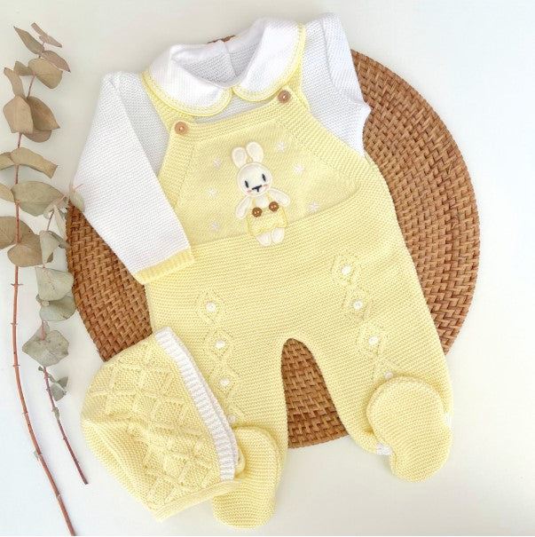 Yellow knitted baby outfit with bunny design for newborn coming home from hospital