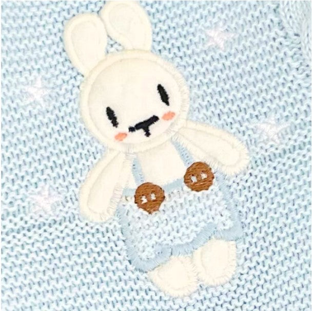 White bunny plush toy with brown buttons on a light blue textured for newborn coming home from hospital