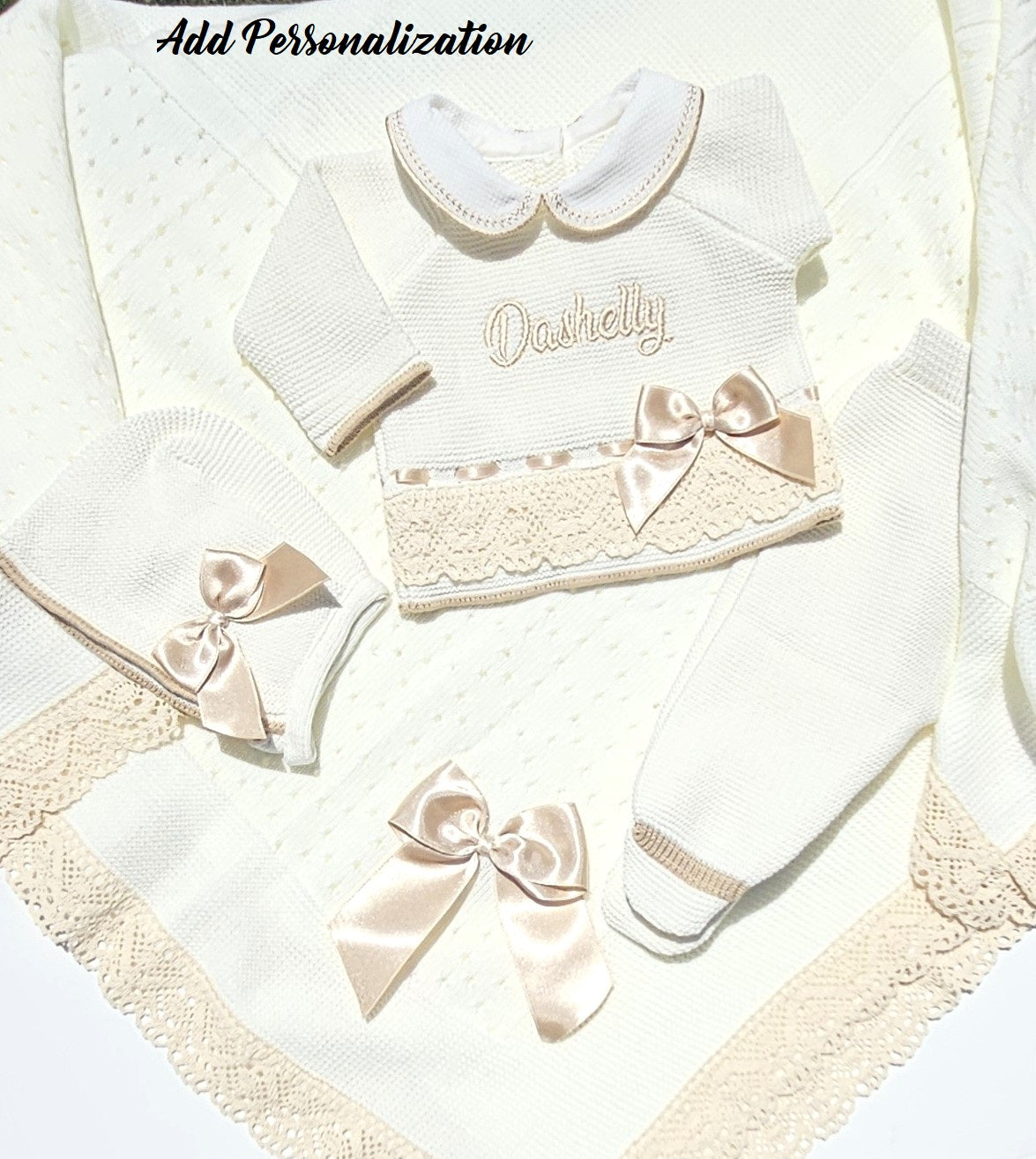 newborn girl going home outfit ivory beige color with lace and bows, spanish style coming home knitted outfit, baby name embroidery, add personalization