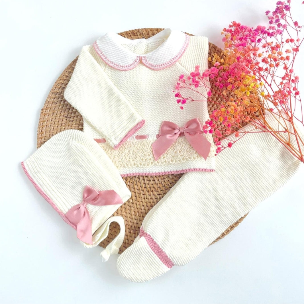 Baby girl knitted outfit, baby girl going home outfit, newborn girl coming home outfit, newborn girl ivory mauve outfit, newborn girl old rose outfit