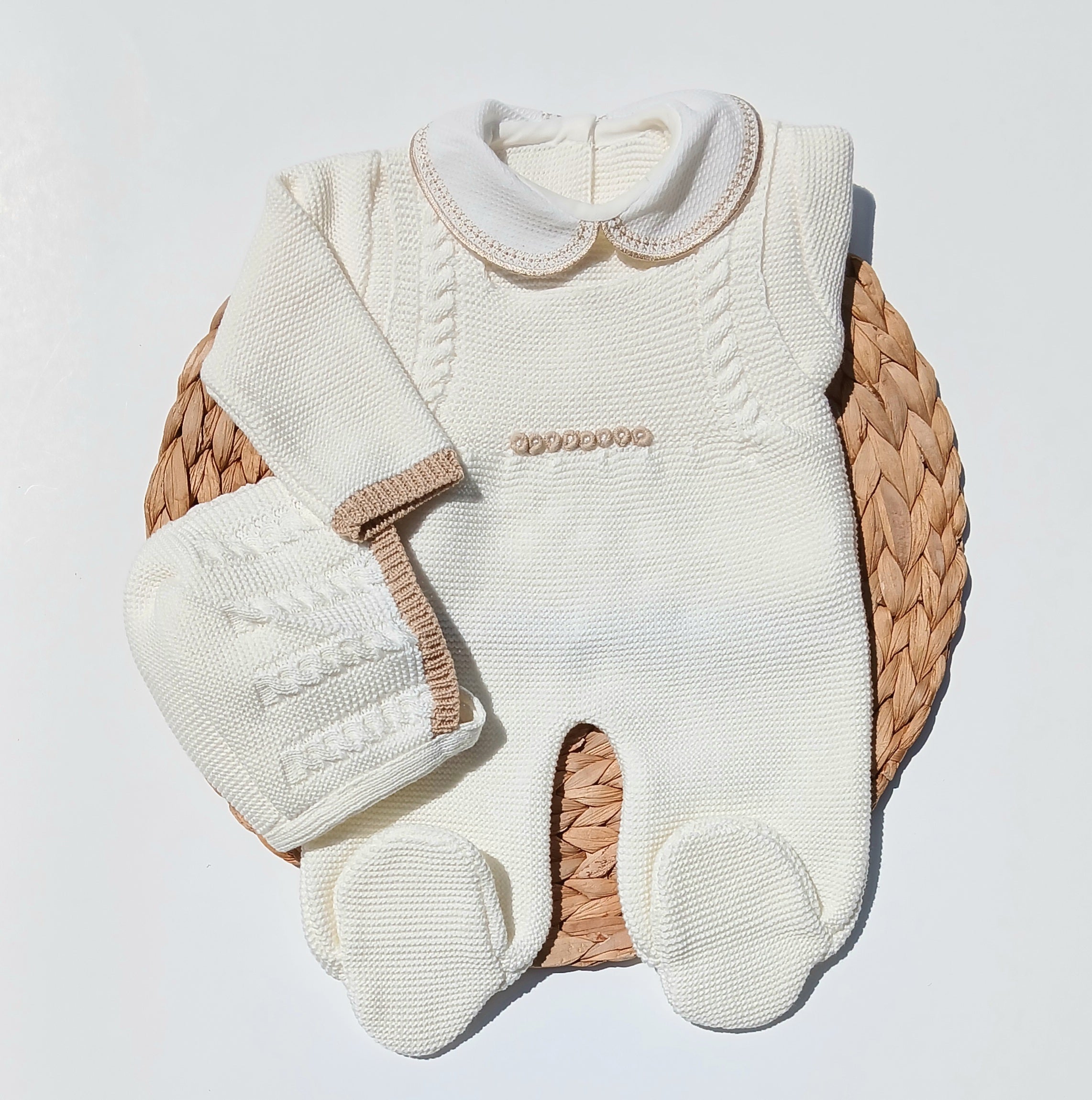 Cream-colored baby outfit with matching hat , camel handmade embroidered, footed romper for newborn boy coming home outfit