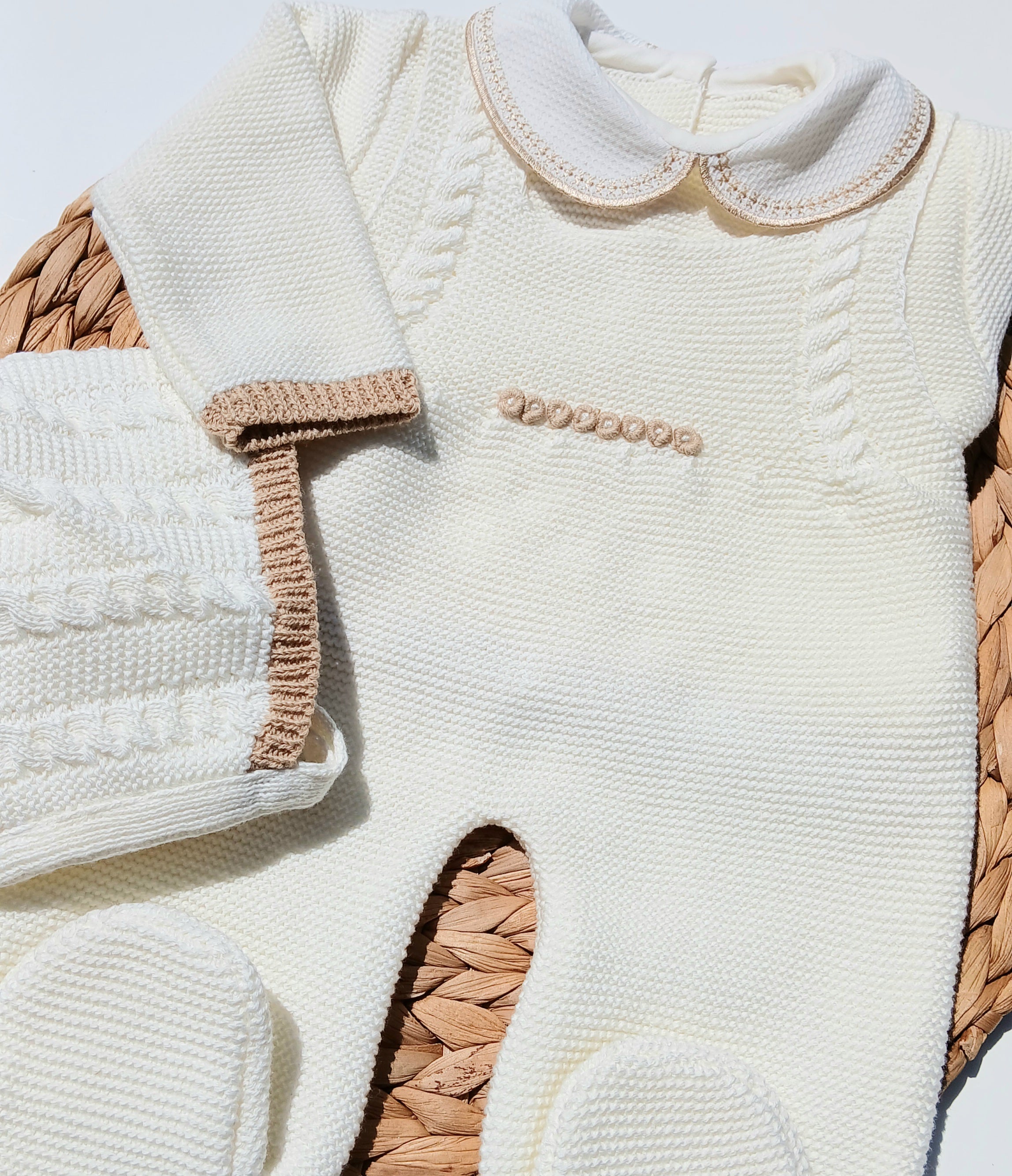 Ivory baby romper with textured collar and cuffs on a white background Cream-colored baby outfit with matching hat , camel handmade embroidered, footed romper for newborn boy coming home outfit, neutral newborn outfit