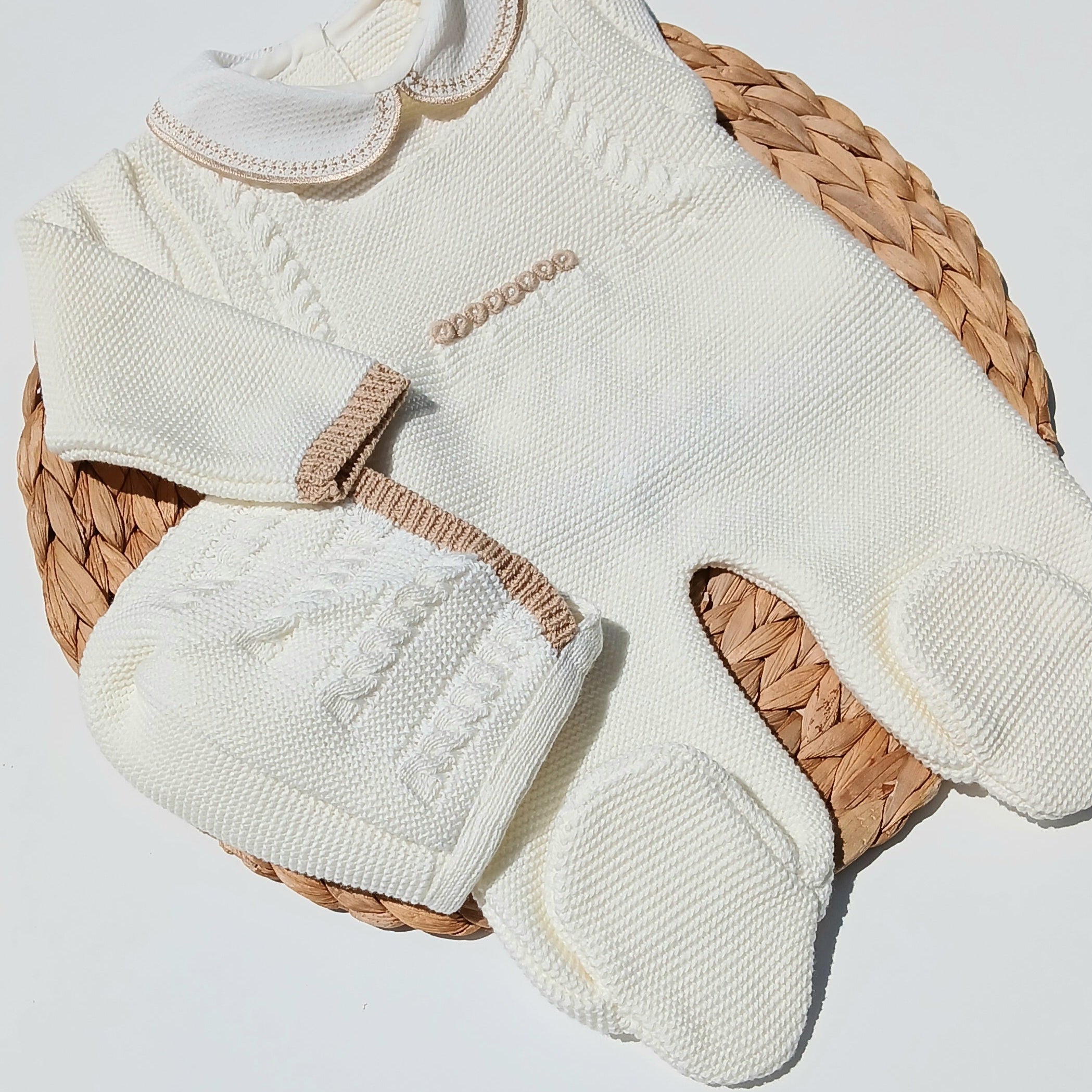 Cream-colored baby outfit with matching hat , camel handmade embroidered, footed romper for newborn boy coming home outfit