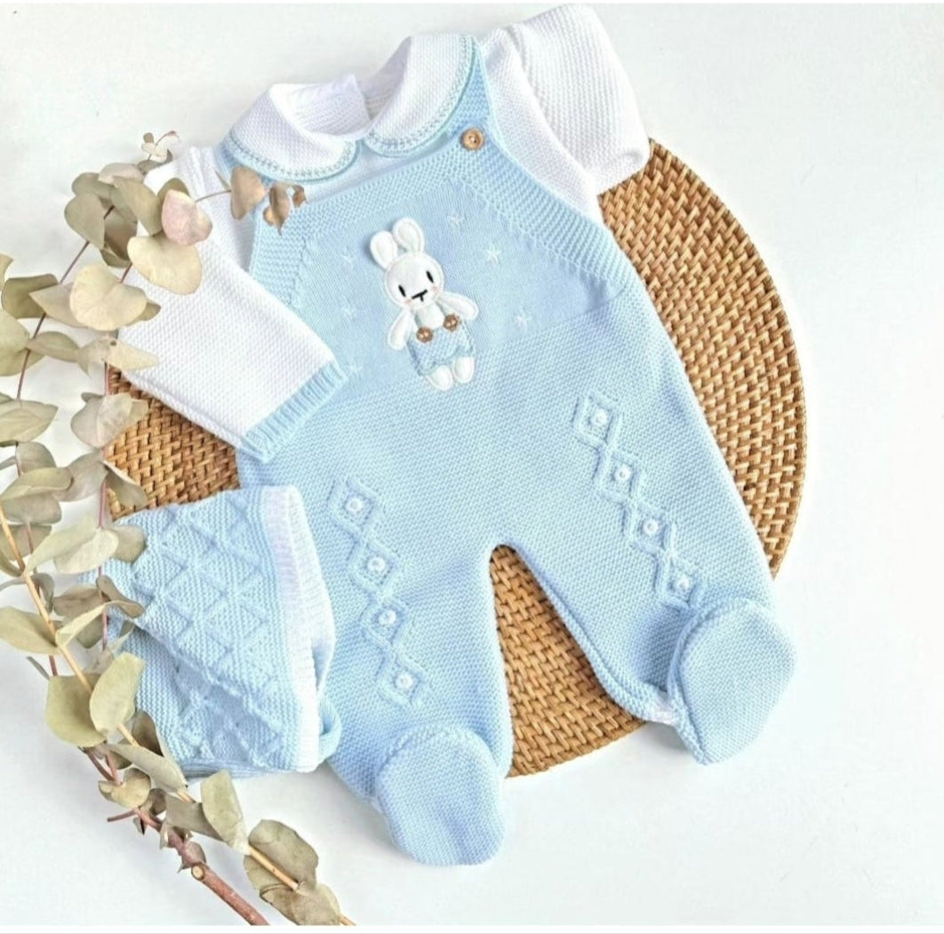 A three-piece knitted baby outfit in light blue, featuring a cute little bunny design, displayed on a round mat with a white background and some green foliage leaves. for newborn coming home from hospital