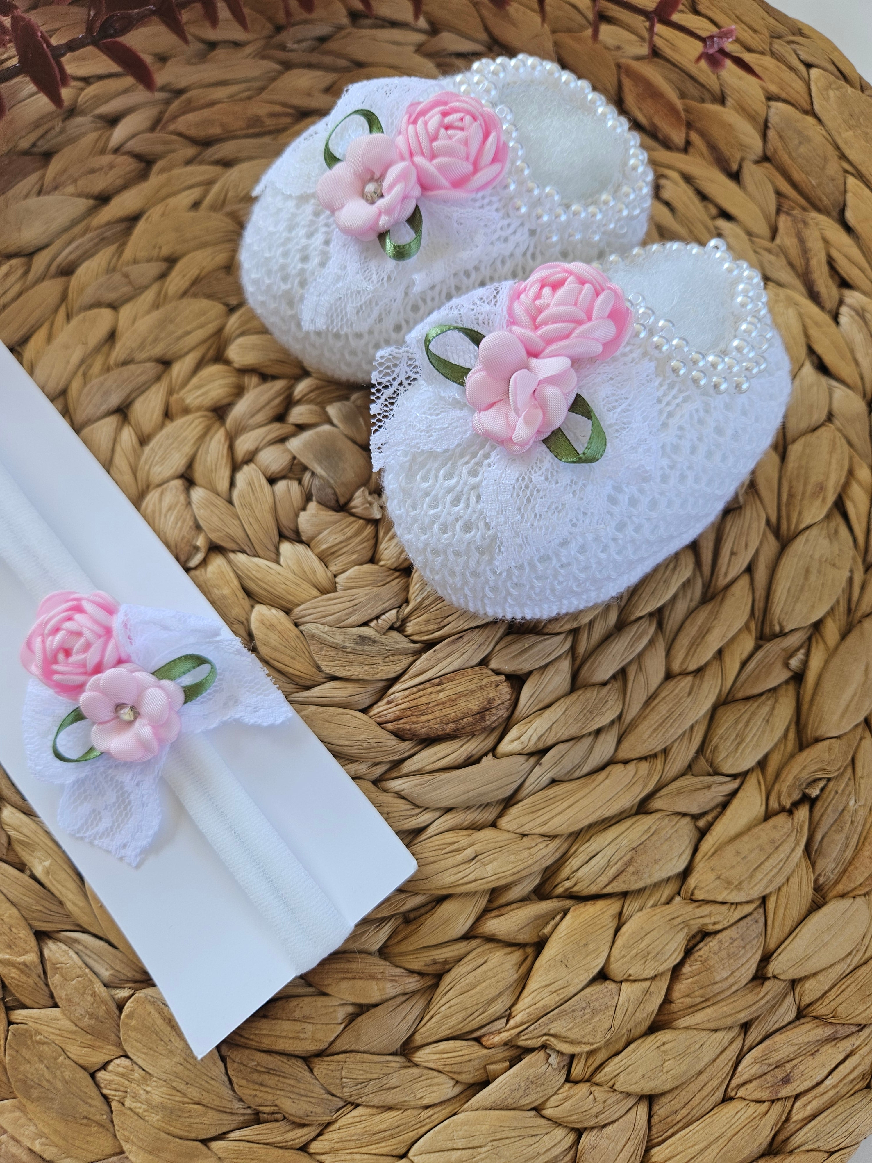 Handmade Bootie and Headband Pink Flower Set - White