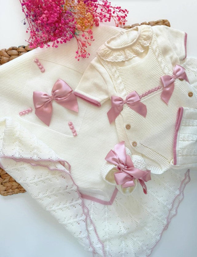 Tenue tricotée Romana - Rose et blanc