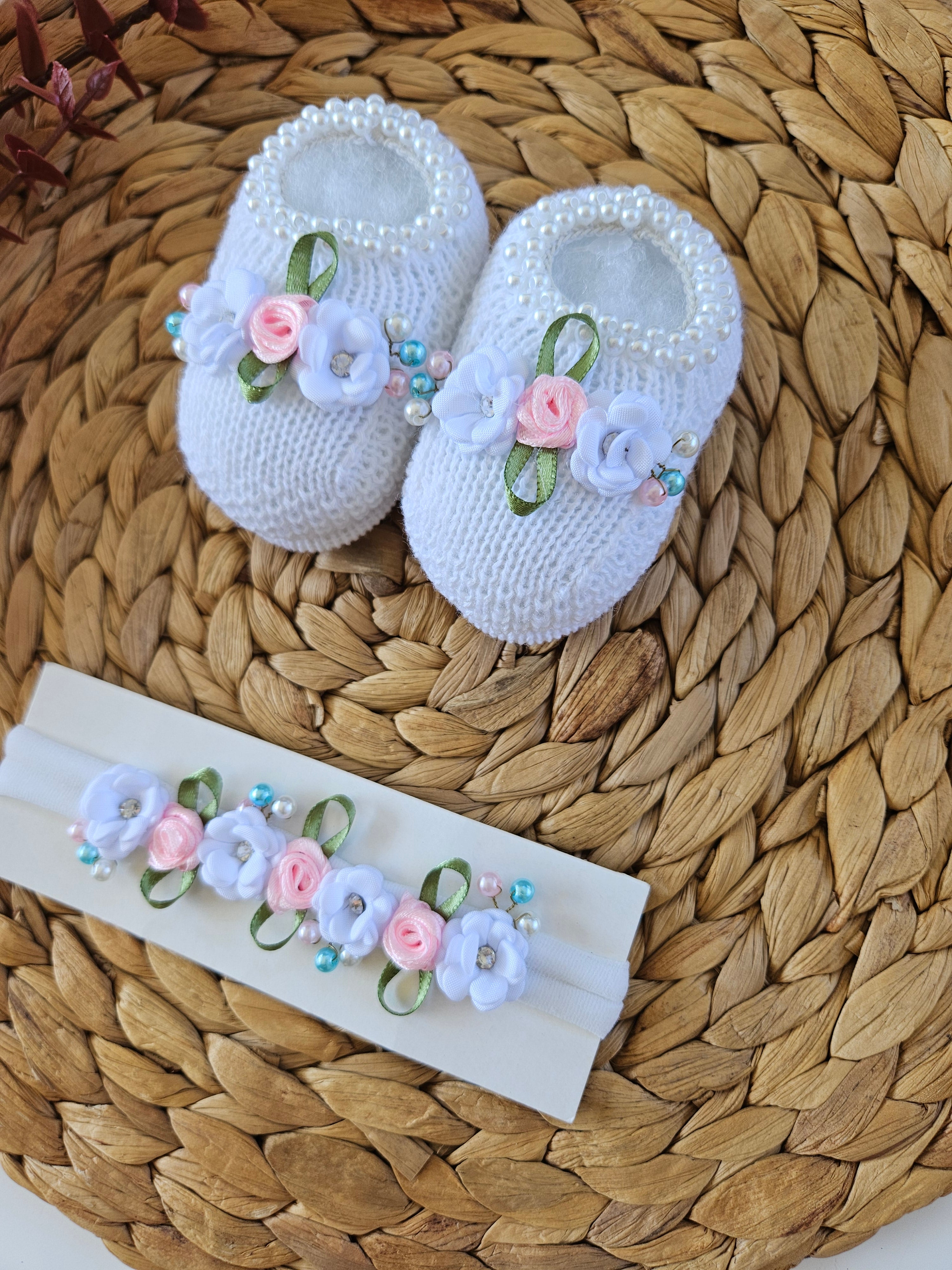Handmade Bootie and Headband Set - White